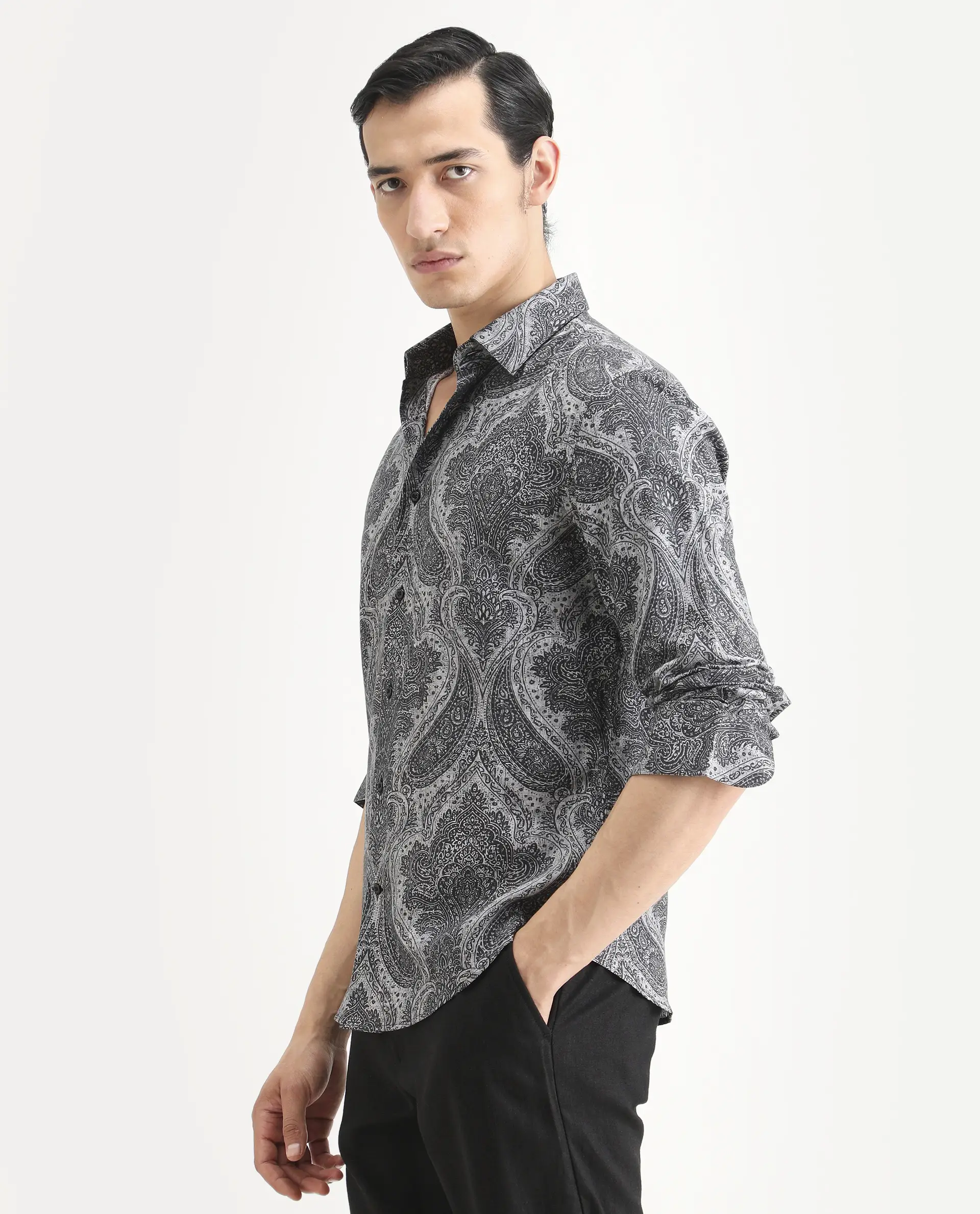Rare Rabbit Men's Myra Dusky Grey Cotton Blend Fabric Full Sleeve Spread Collar Regular Fit Paisley Shirt - Image 5