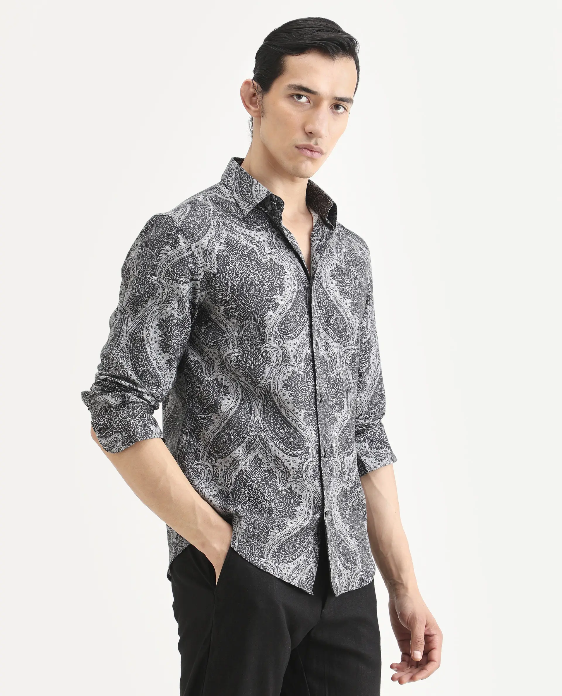 Rare Rabbit Men's Myra Dusky Grey Cotton Blend Fabric Full Sleeve Spread Collar Regular Fit Paisley Shirt - Image 6