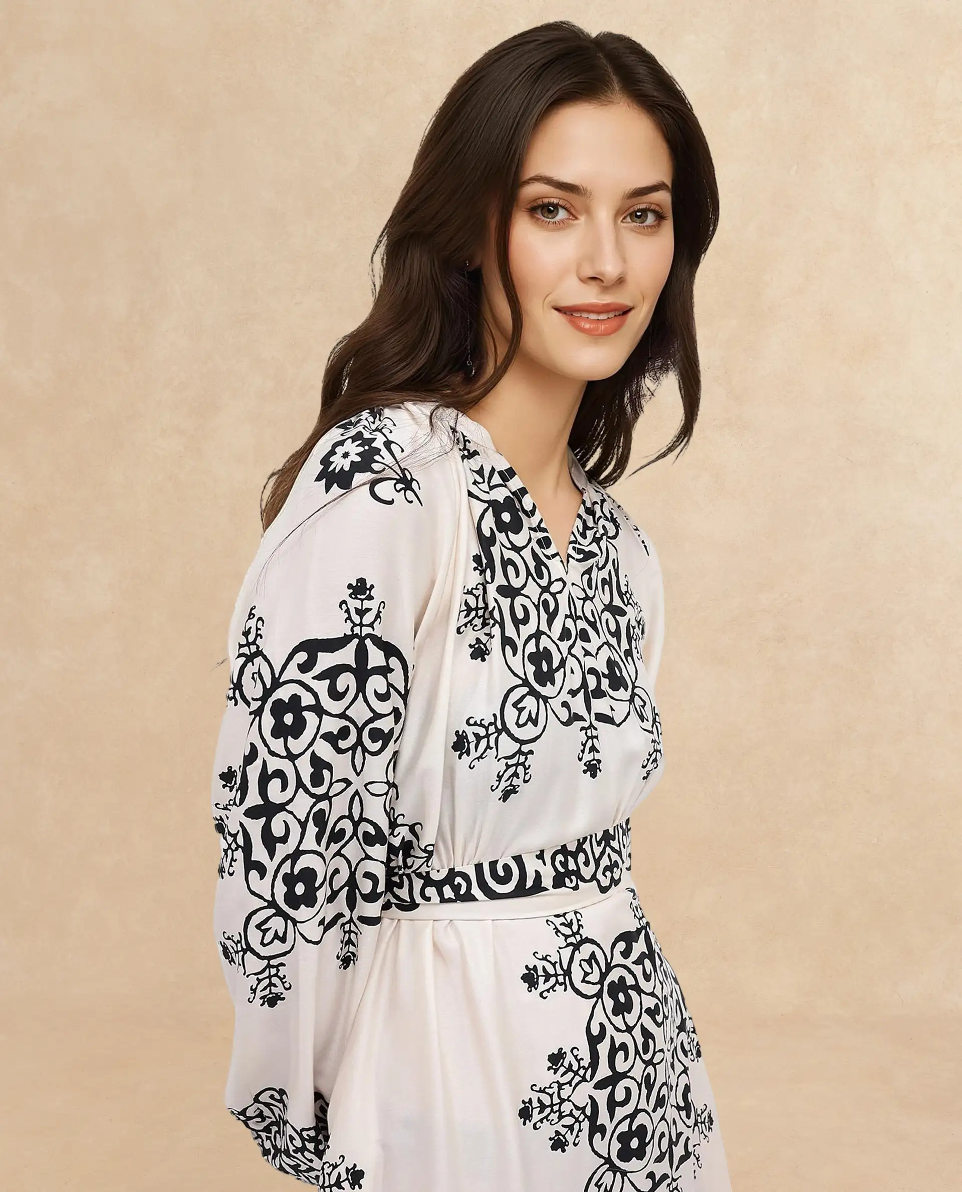 Rareism Women's Myra Off White Cotton Mandarin Collar Abstract Print Raglan Sleeve Maxi Fit And Flare Dress - Image 3