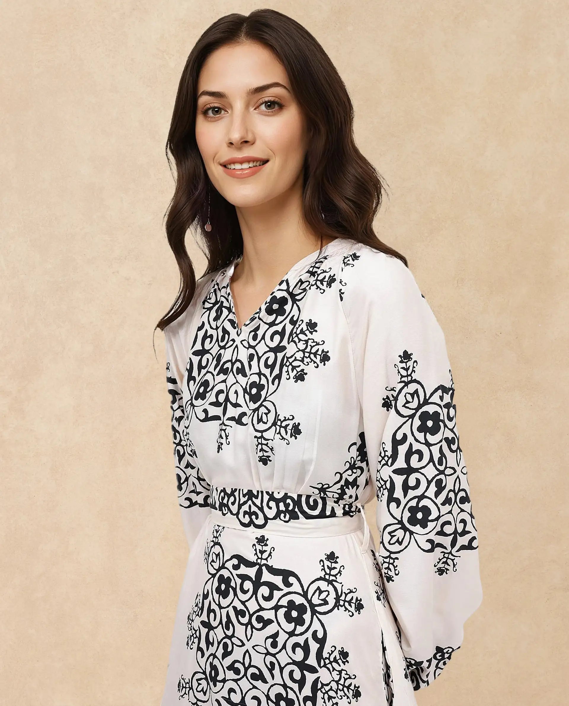 Rareism Women's Myra Off White Cotton Mandarin Collar Abstract Print Raglan Sleeve Maxi Fit And Flare Dress - Image 4