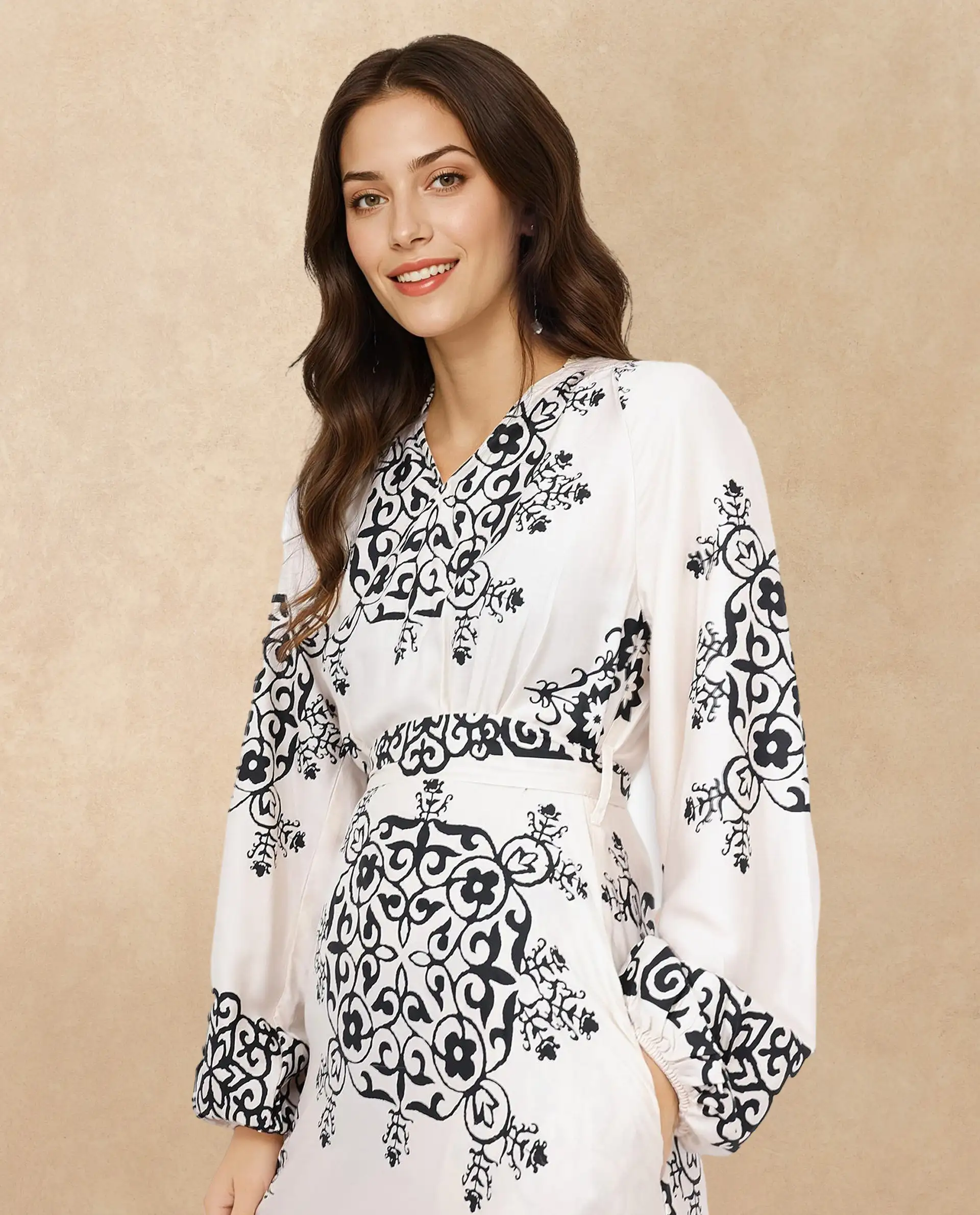 Rareism Women's Myra Off White Cotton Mandarin Collar Abstract Print Raglan Sleeve Maxi Fit And Flare Dress - Image 5