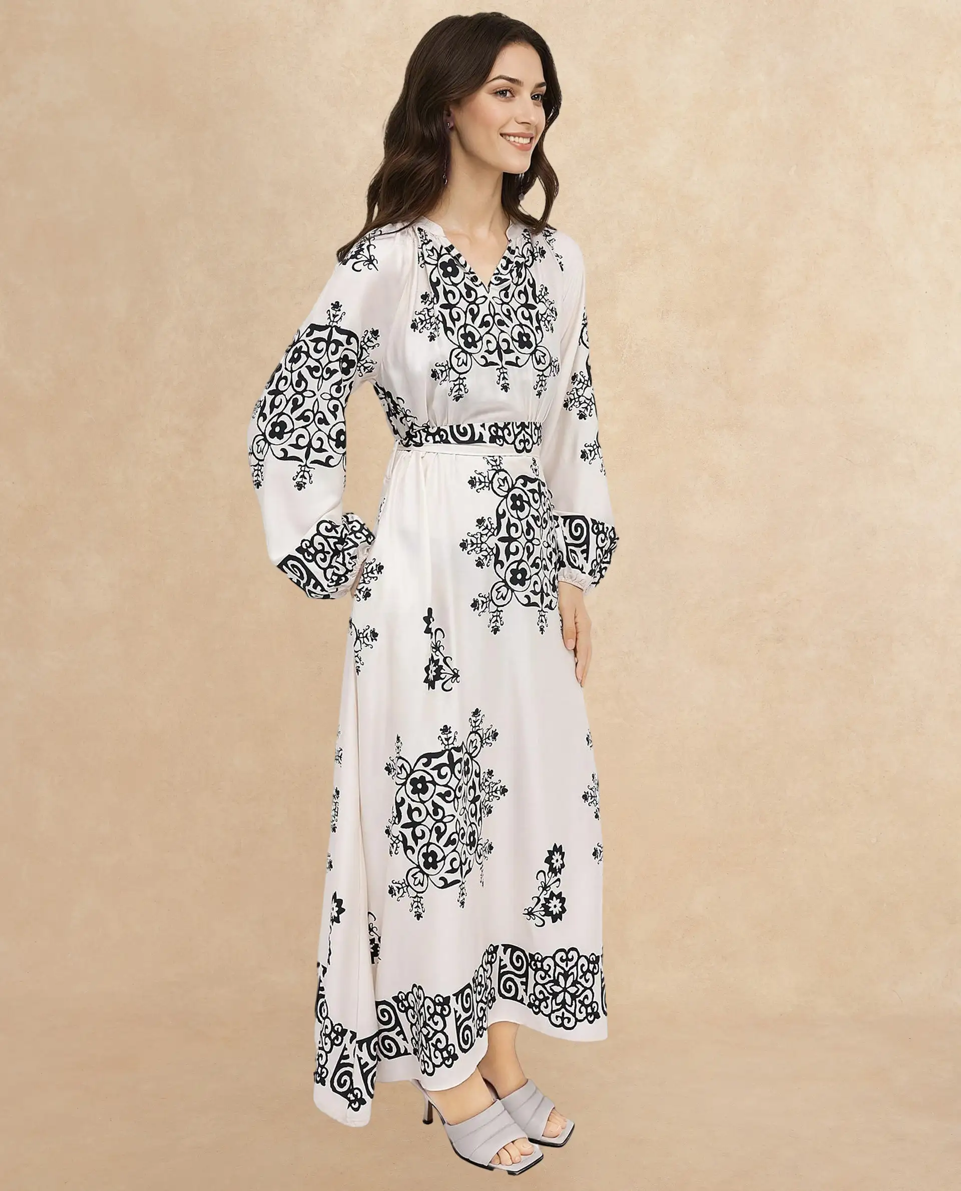 Rareism Women's Myra Off White Cotton Mandarin Collar Abstract Print Raglan Sleeve Maxi Fit And Flare Dress - Image 6