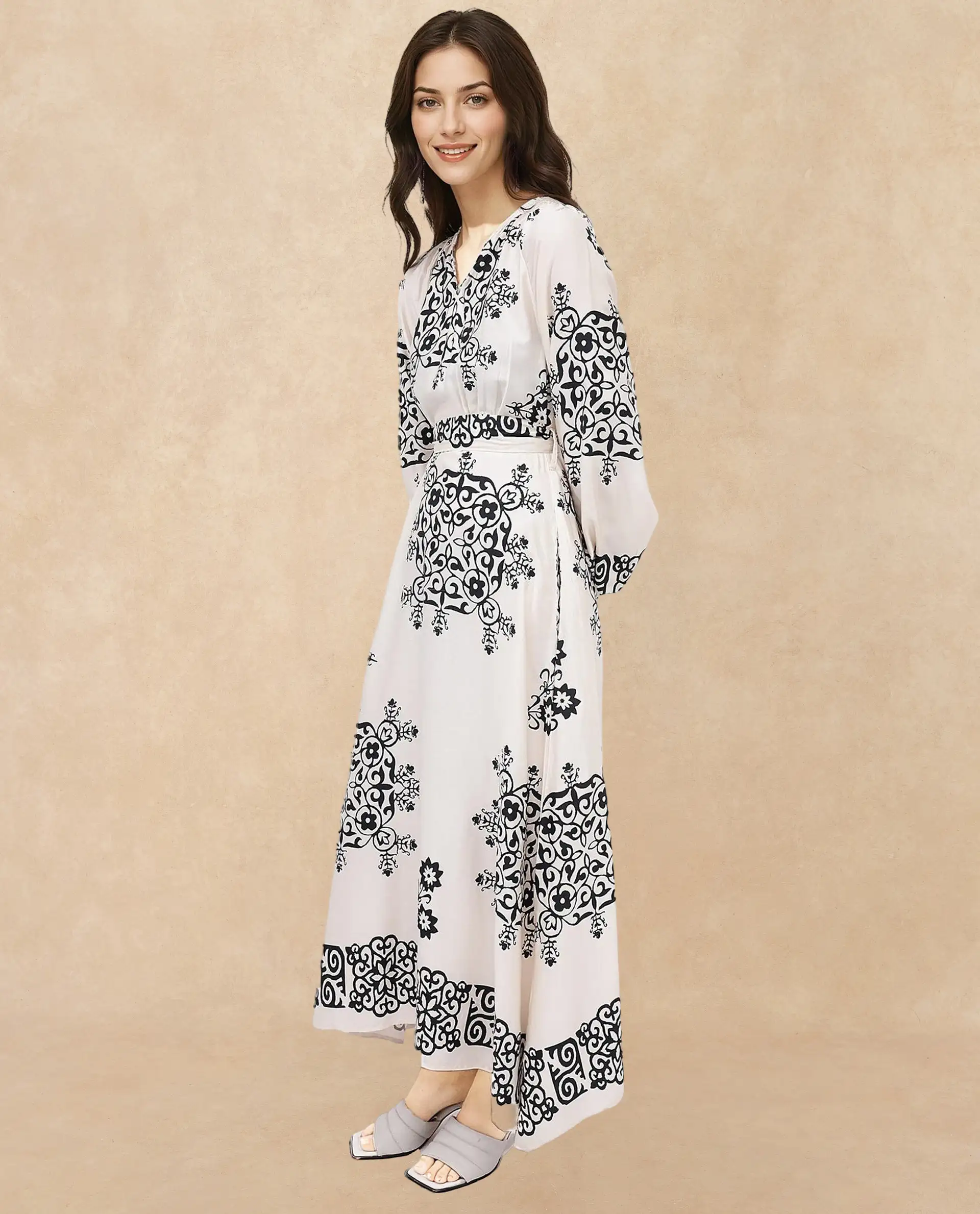 Rareism Women's Myra Off White Cotton Mandarin Collar Abstract Print Raglan Sleeve Maxi Fit And Flare Dress - Image 7