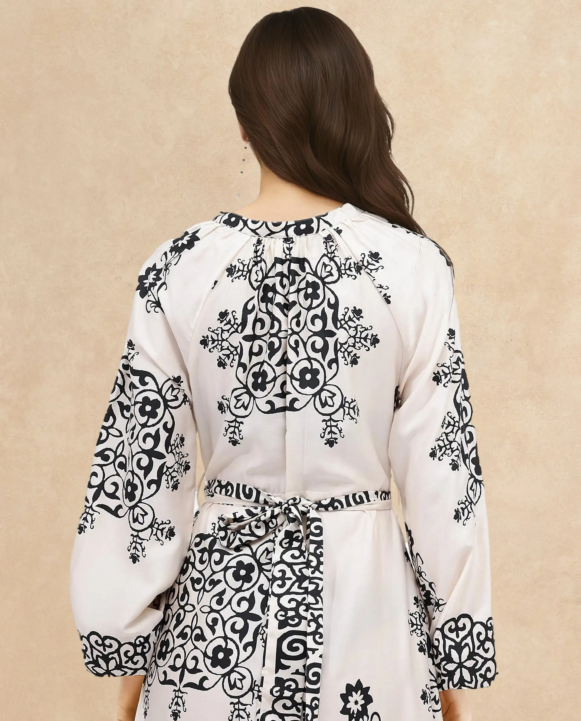 Rareism Women's Myra Off White Cotton Mandarin Collar Abstract Print Raglan Sleeve Maxi Fit And Flare Dress - Image 8