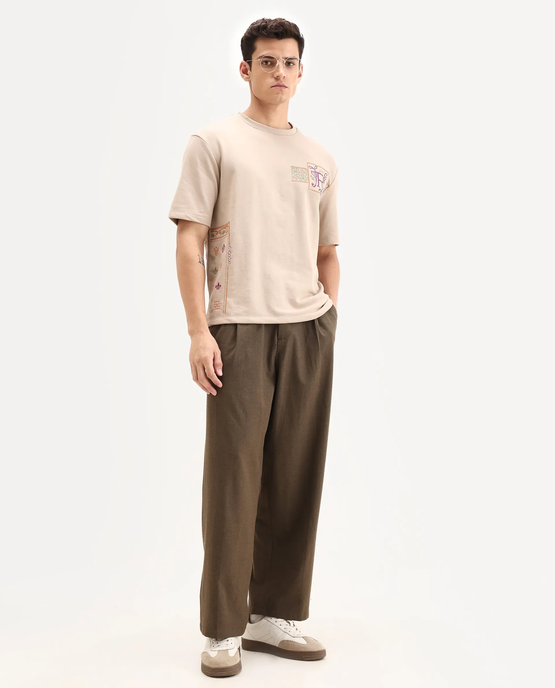 Rare Rabbit Men's Myro-1 Beige Polyester Embroidered Slim Fit Half Sleeve Crew Neck T-Shirt - Image 2