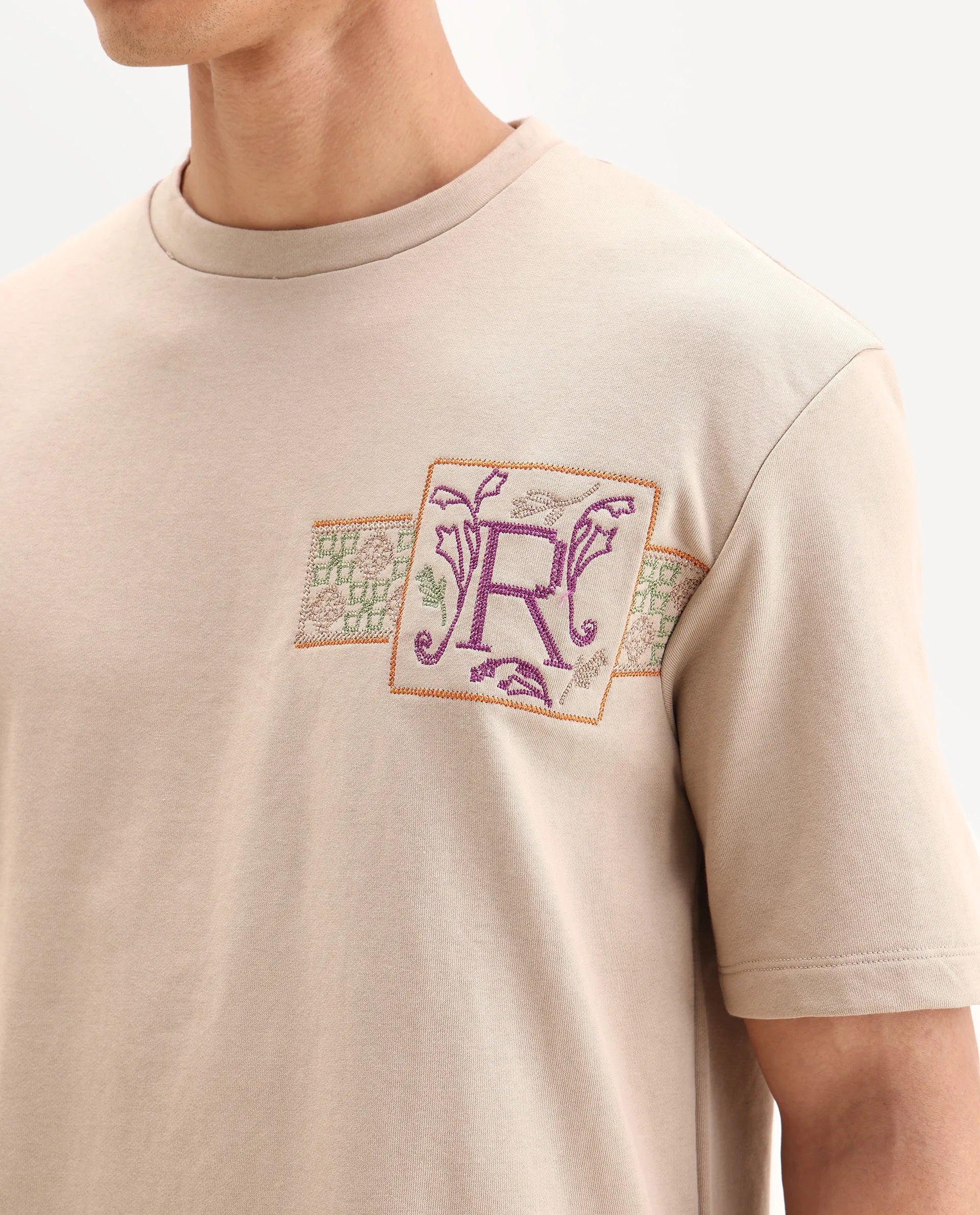Rare Rabbit Men's Myro-1 Beige Polyester Embroidered Slim Fit Half Sleeve Crew Neck T-Shirt - Image 3