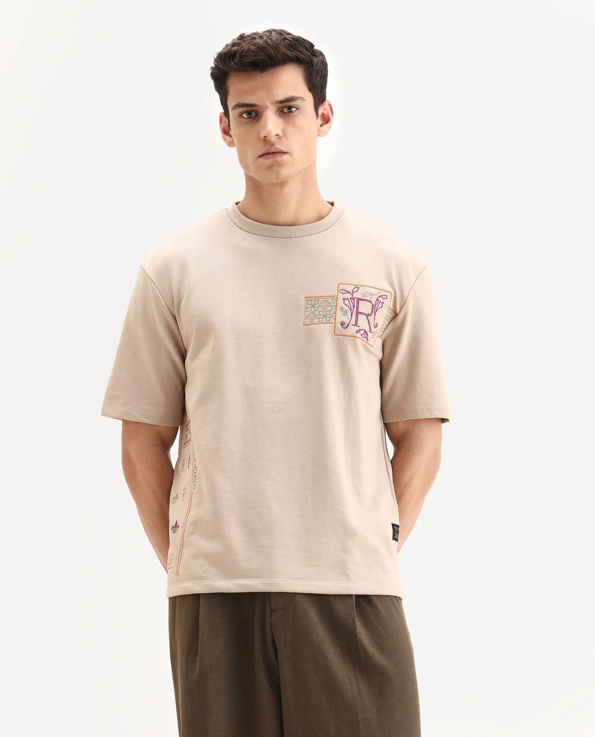 Rare Rabbit Men's Myro-1 Beige Polyester Embroidered Slim Fit Half Sleeve Crew Neck T-Shirt - Image 4