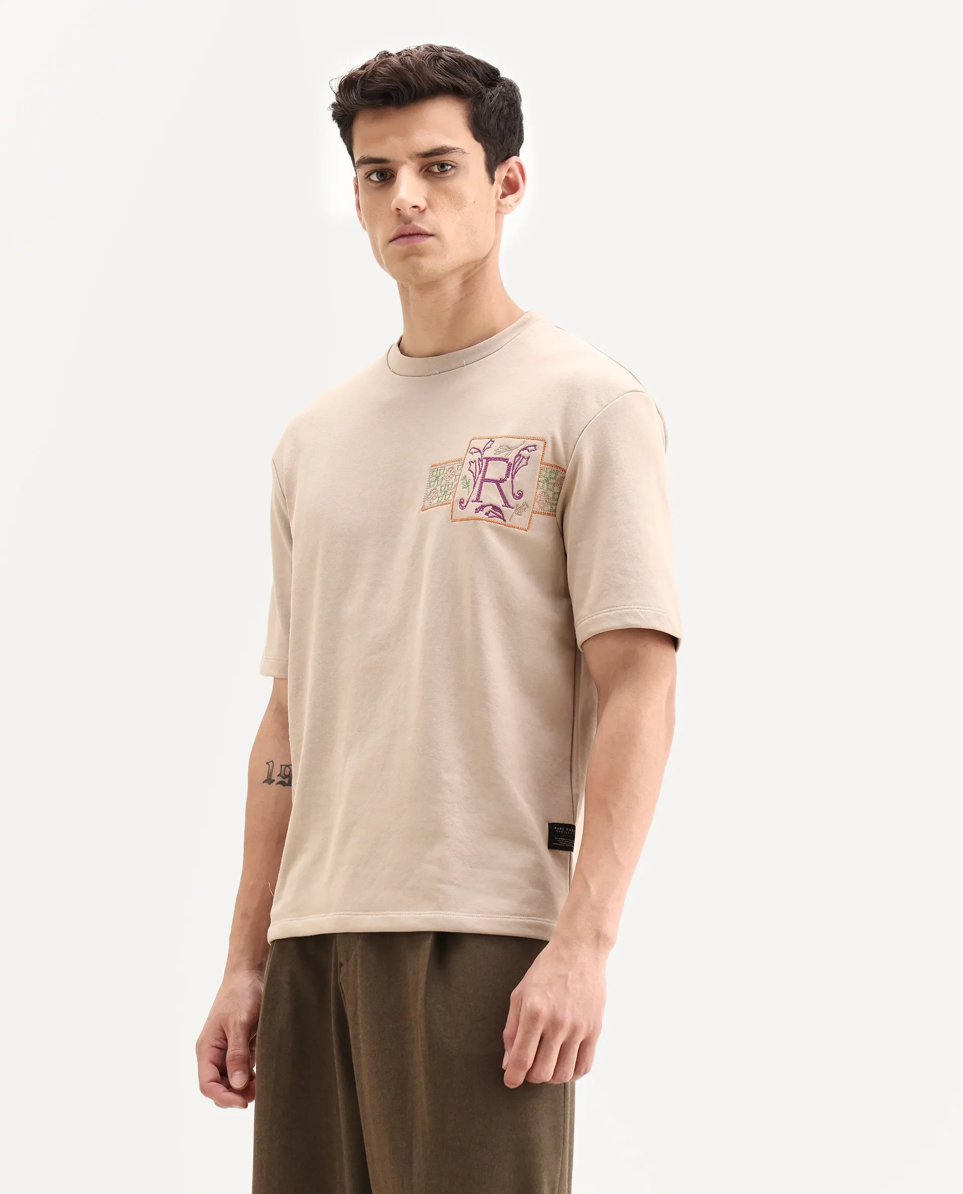 Rare Rabbit Men's Myro-1 Beige Polyester Embroidered Slim Fit Half Sleeve Crew Neck T-Shirt - Image 5