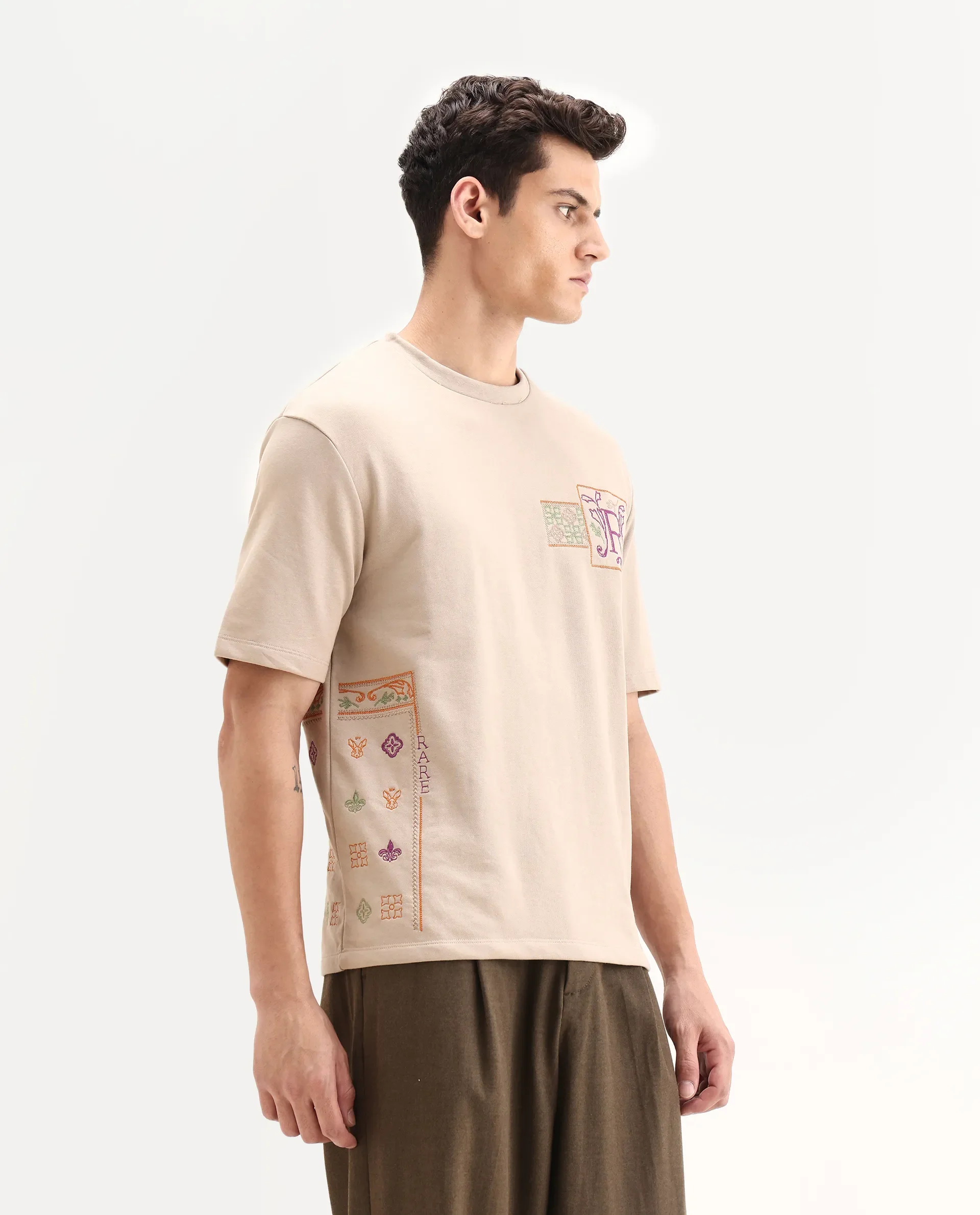 Rare Rabbit Men's Myro-1 Beige Polyester Embroidered Slim Fit Half Sleeve Crew Neck T-Shirt - Image 6