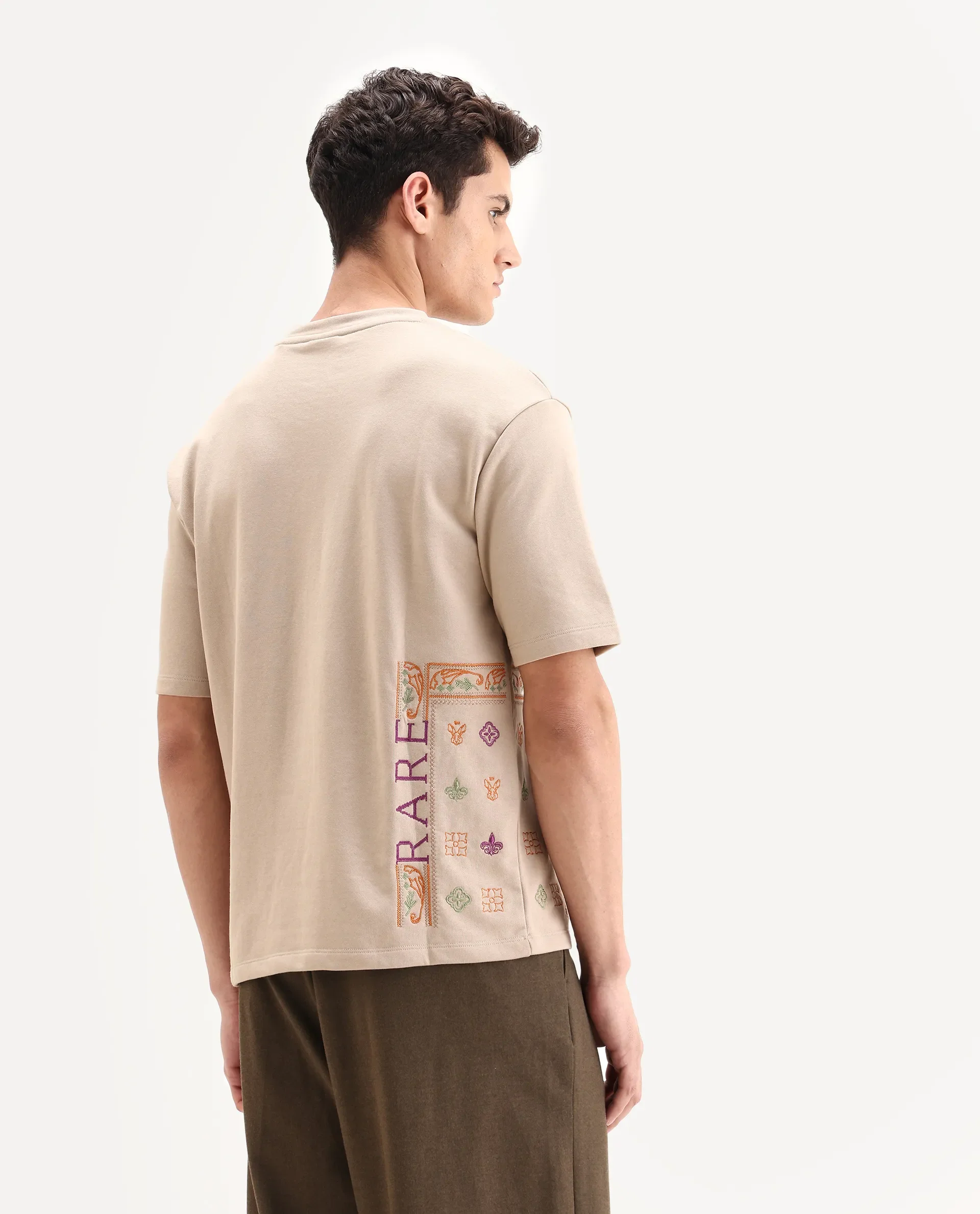 Rare Rabbit Men's Myro-1 Beige Polyester Embroidered Slim Fit Half Sleeve Crew Neck T-Shirt - Image 9