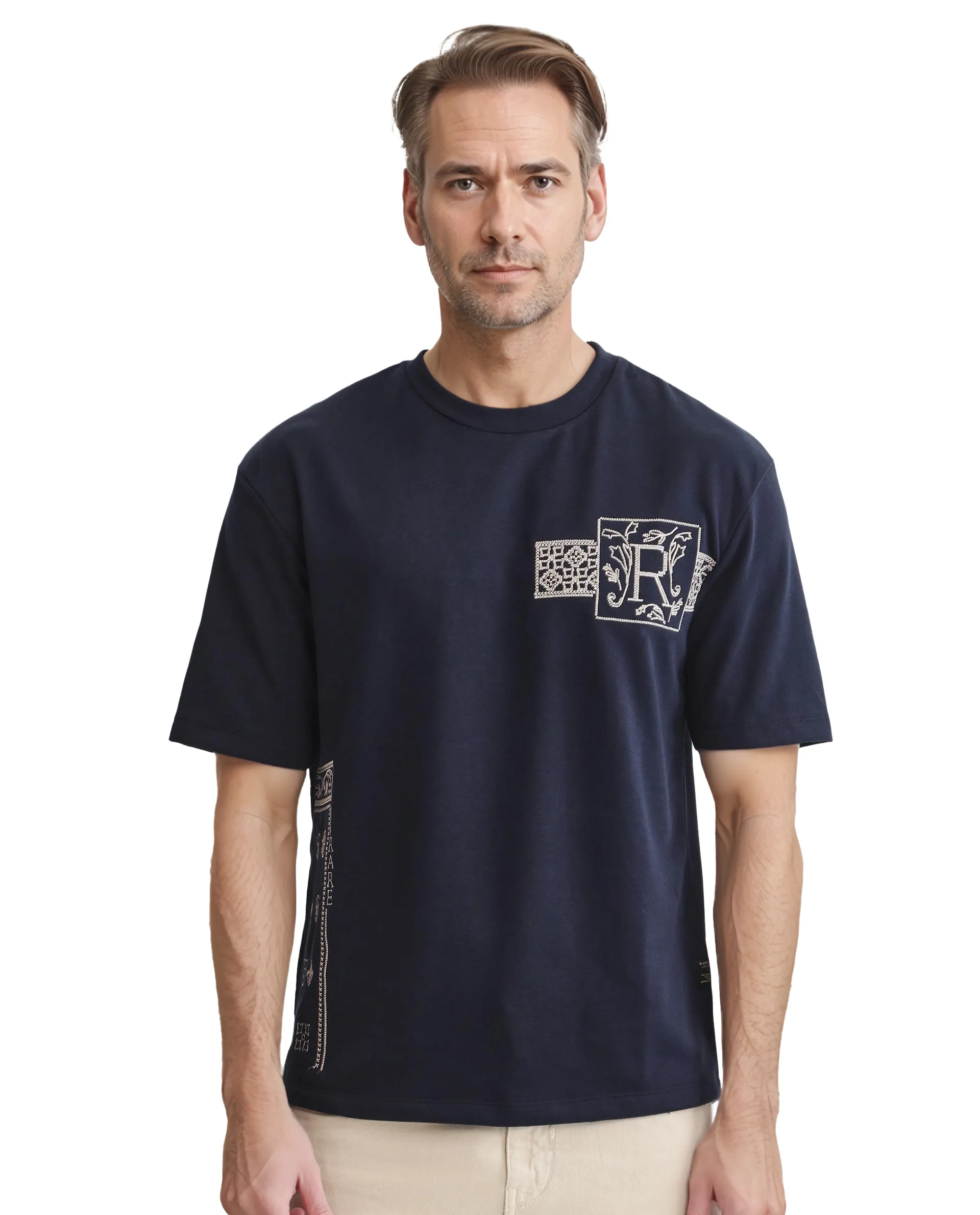 Rare Rabbit Men's Myro-1 Navy Polyester Graphic Print Slim Fit Half Sleeve Crew Neck T-Shirt
