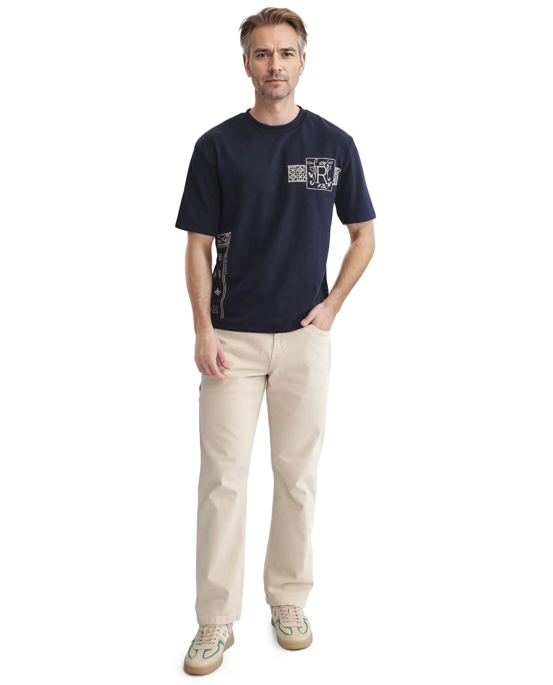 Rare Rabbit Men's Myro-1 Navy Polyester Graphic Print Slim Fit Half Sleeve Crew Neck T-Shirt - Image 2