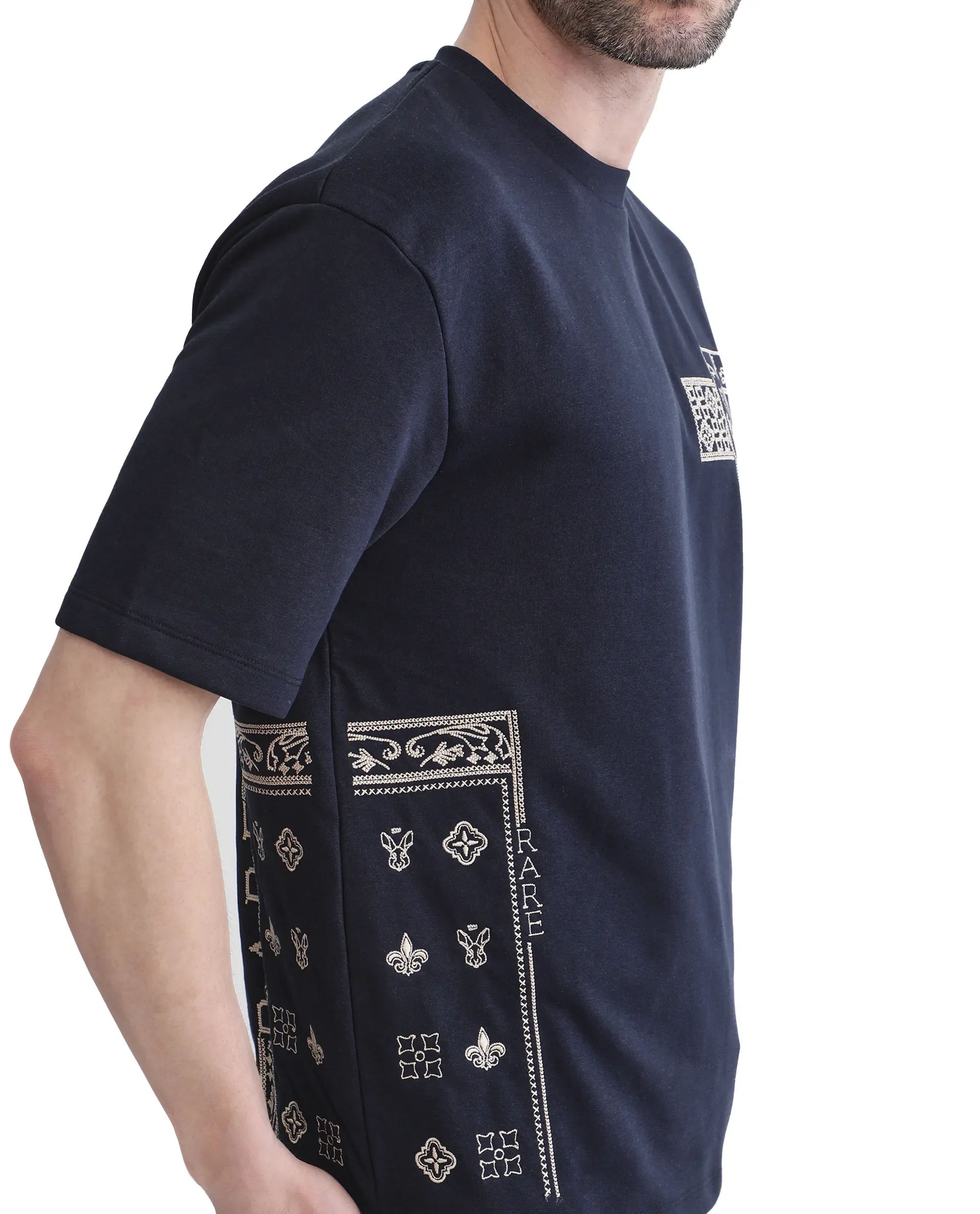 Rare Rabbit Men's Myro-1 Navy Polyester Graphic Print Slim Fit Half Sleeve Crew Neck T-Shirt - Image 3