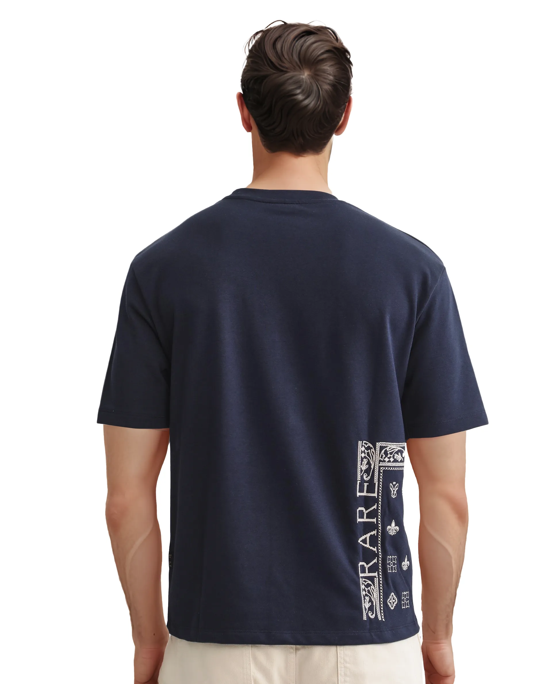 Rare Rabbit Men's Myro-1 Navy Polyester Graphic Print Slim Fit Half Sleeve Crew Neck T-Shirt - Image 4
