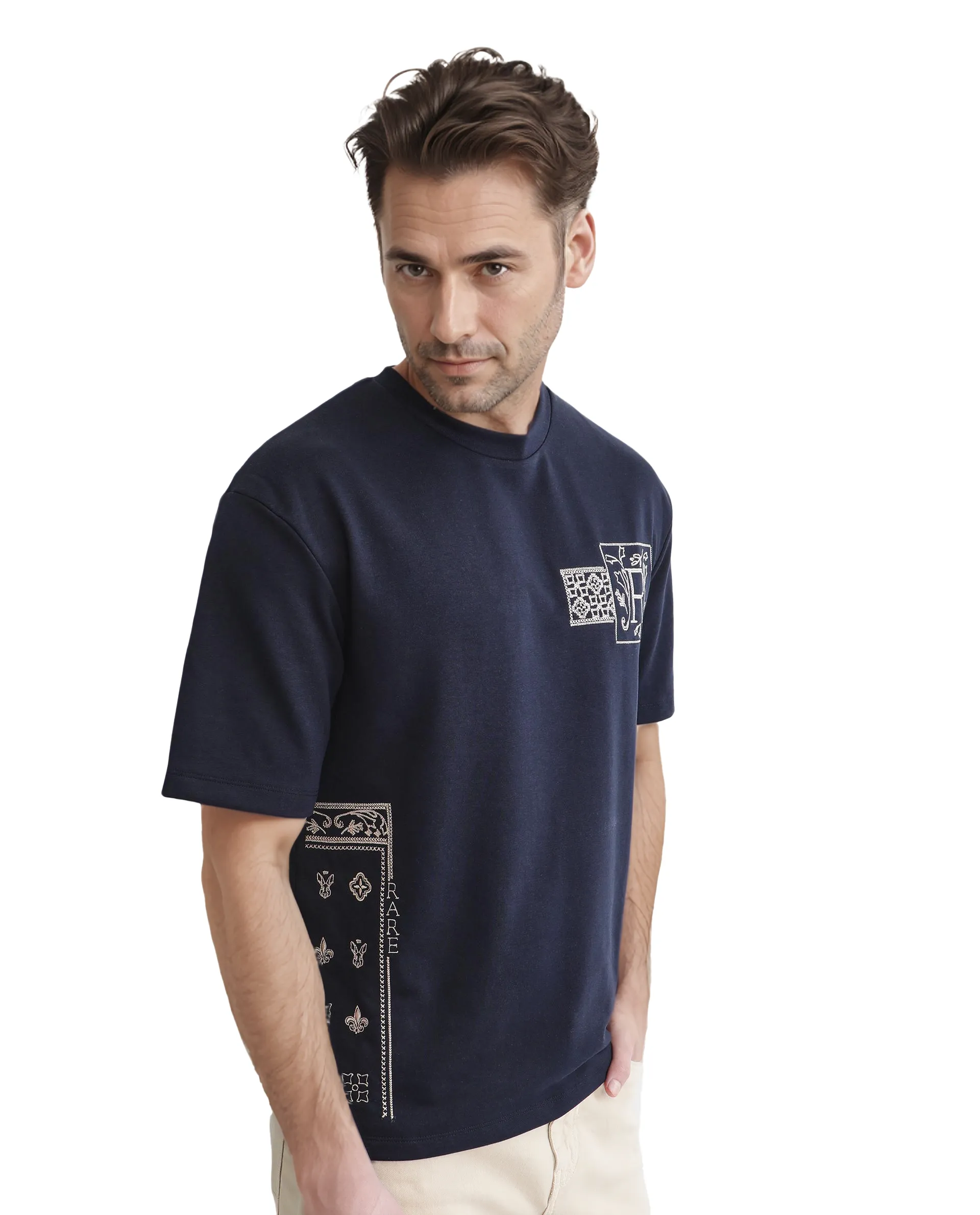 Rare Rabbit Men's Myro-1 Navy Polyester Graphic Print Slim Fit Half Sleeve Crew Neck T-Shirt - Image 5