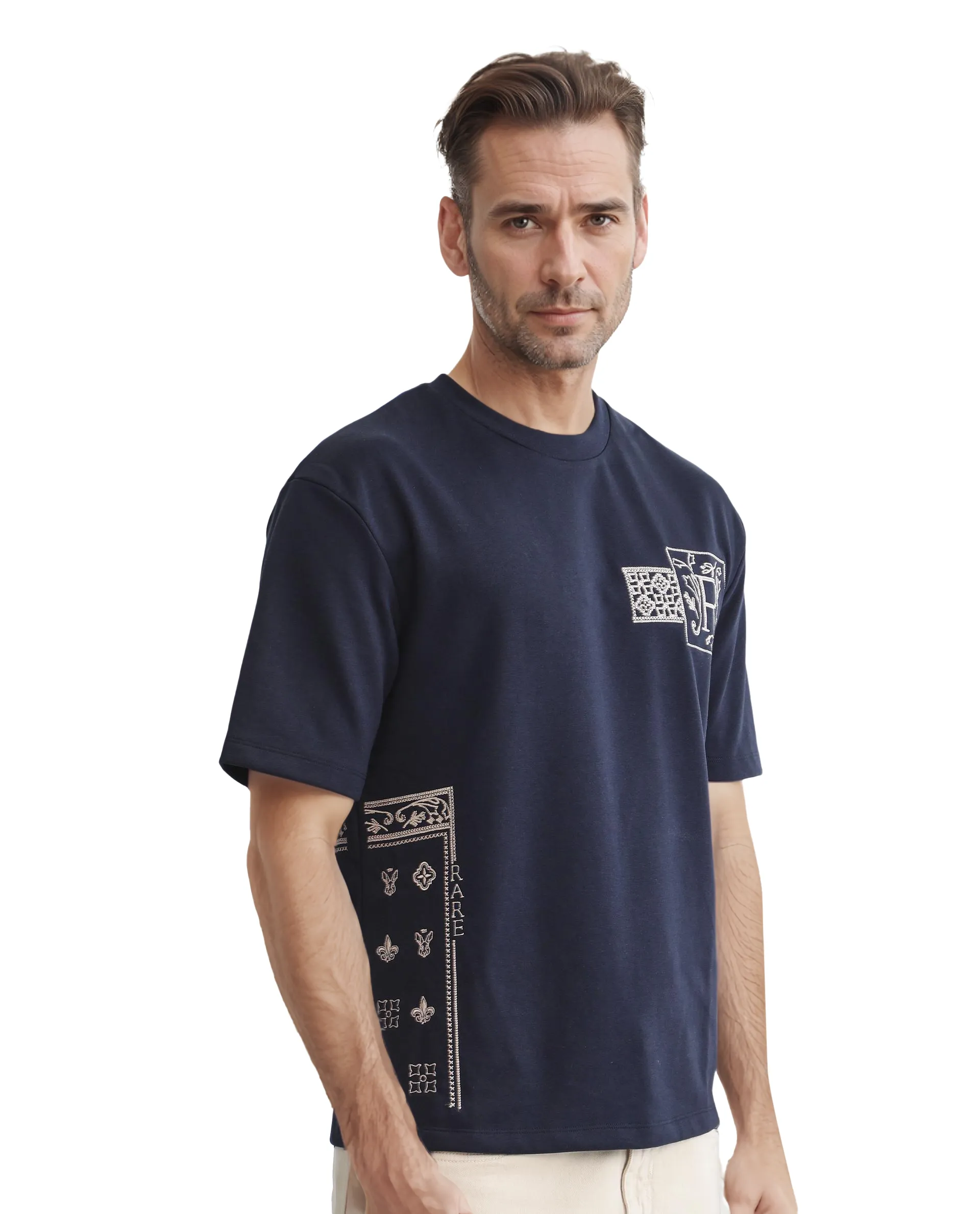 Rare Rabbit Men's Myro-1 Navy Polyester Graphic Print Slim Fit Half Sleeve Crew Neck T-Shirt - Image 6