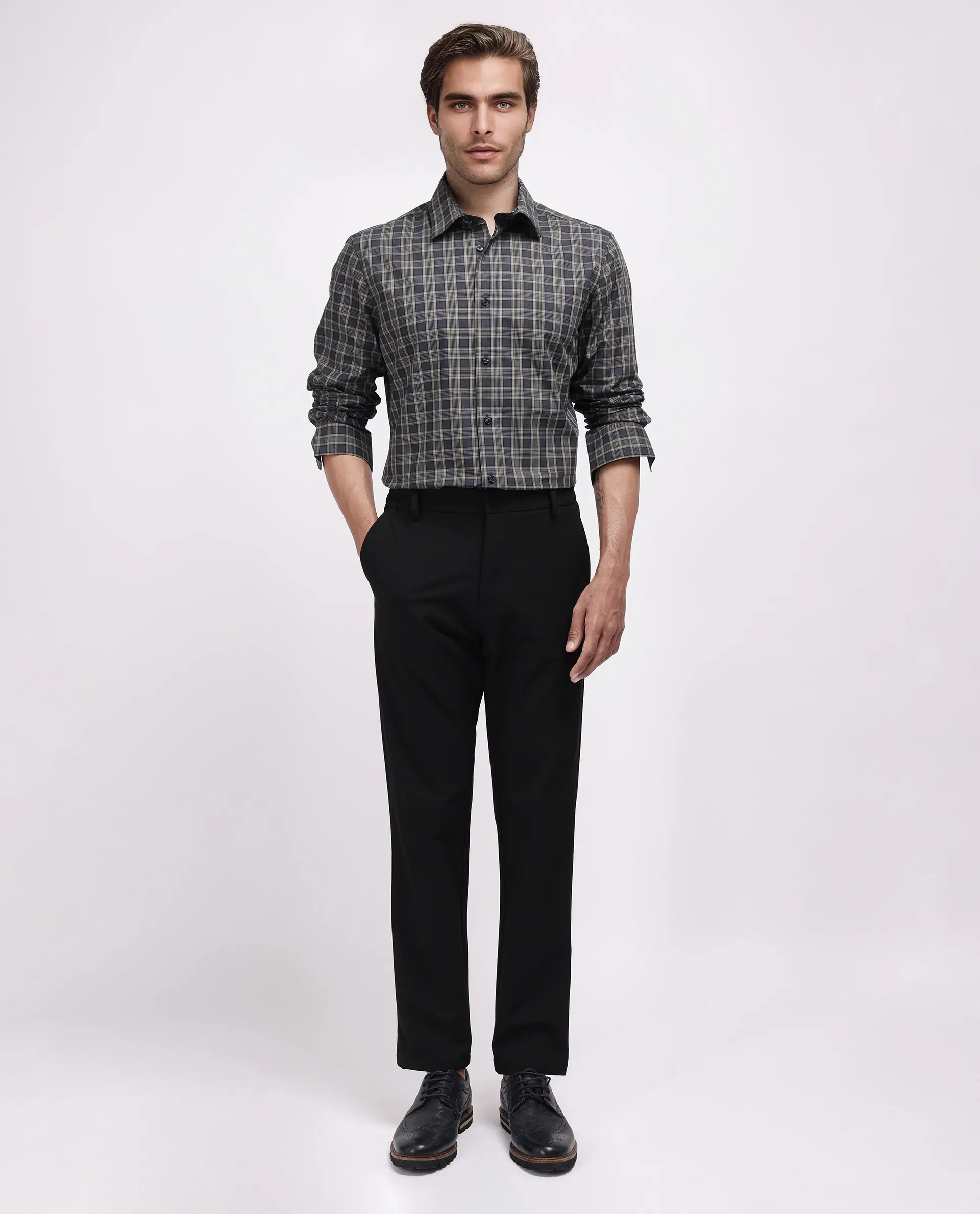 Rare Rabbit Men's Myro-2 Black Cotton Checked Print Regular Fit Full Sleeve Collared Shirt - Image 2