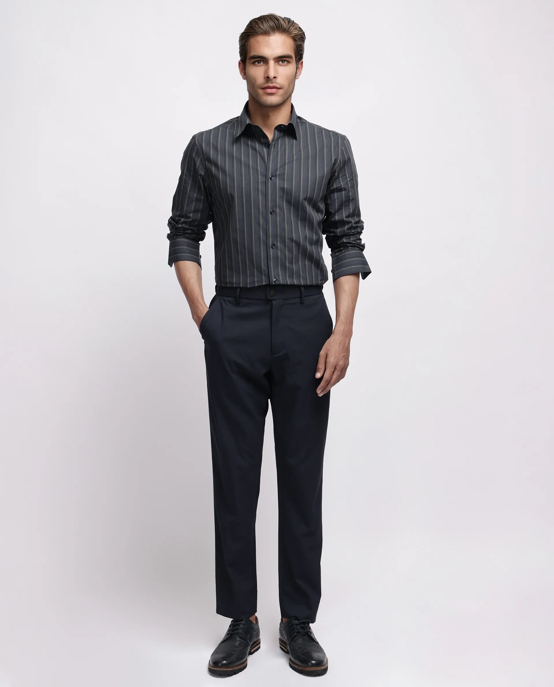 Rare Rabbit Men's Myro-3 Black Cotton Striped Print Regular Fit Full Sleeve Collared Shirt - Image 2