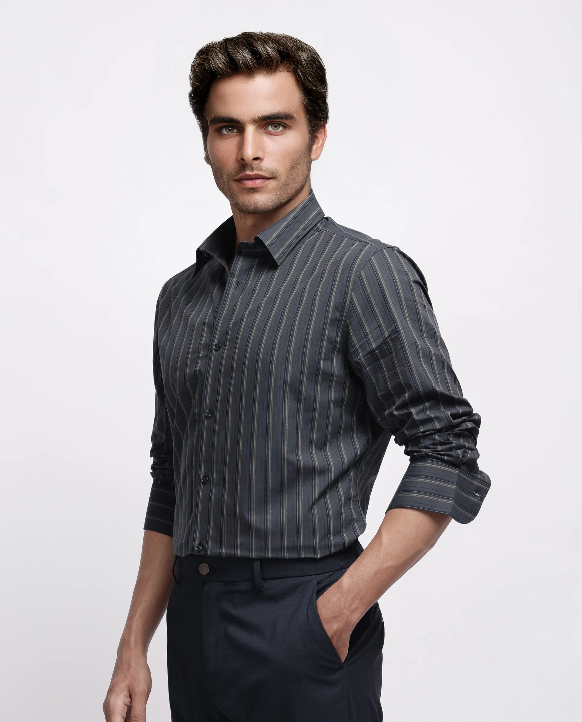Rare Rabbit Men's Myro-3 Black Cotton Striped Print Regular Fit Full Sleeve Collared Shirt - Image 5