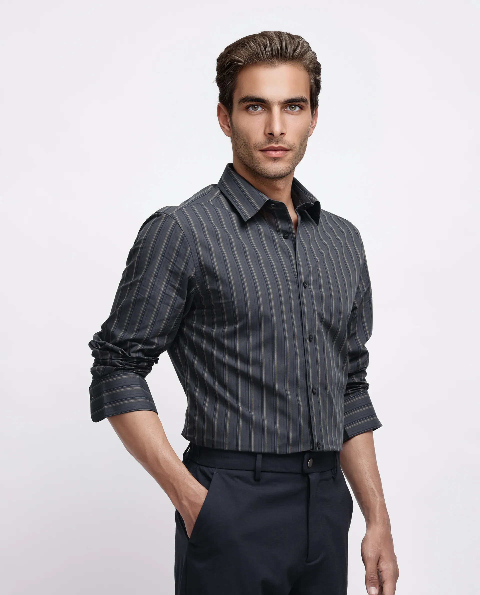 Rare Rabbit Men's Myro-3 Black Cotton Striped Print Regular Fit Full Sleeve Collared Shirt - Image 6