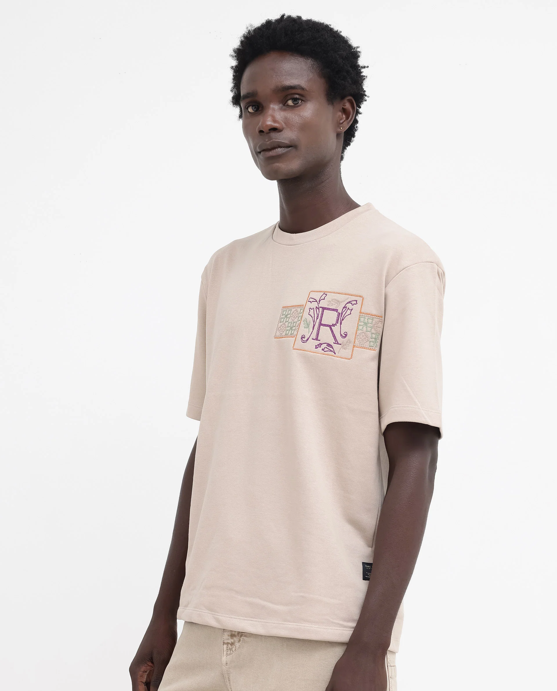 Rare Rabbit Men's Myro Beige Cotton Blend Embroidered Slim Fit Half Sleeve Crew Neck T-Shirt - Image 10