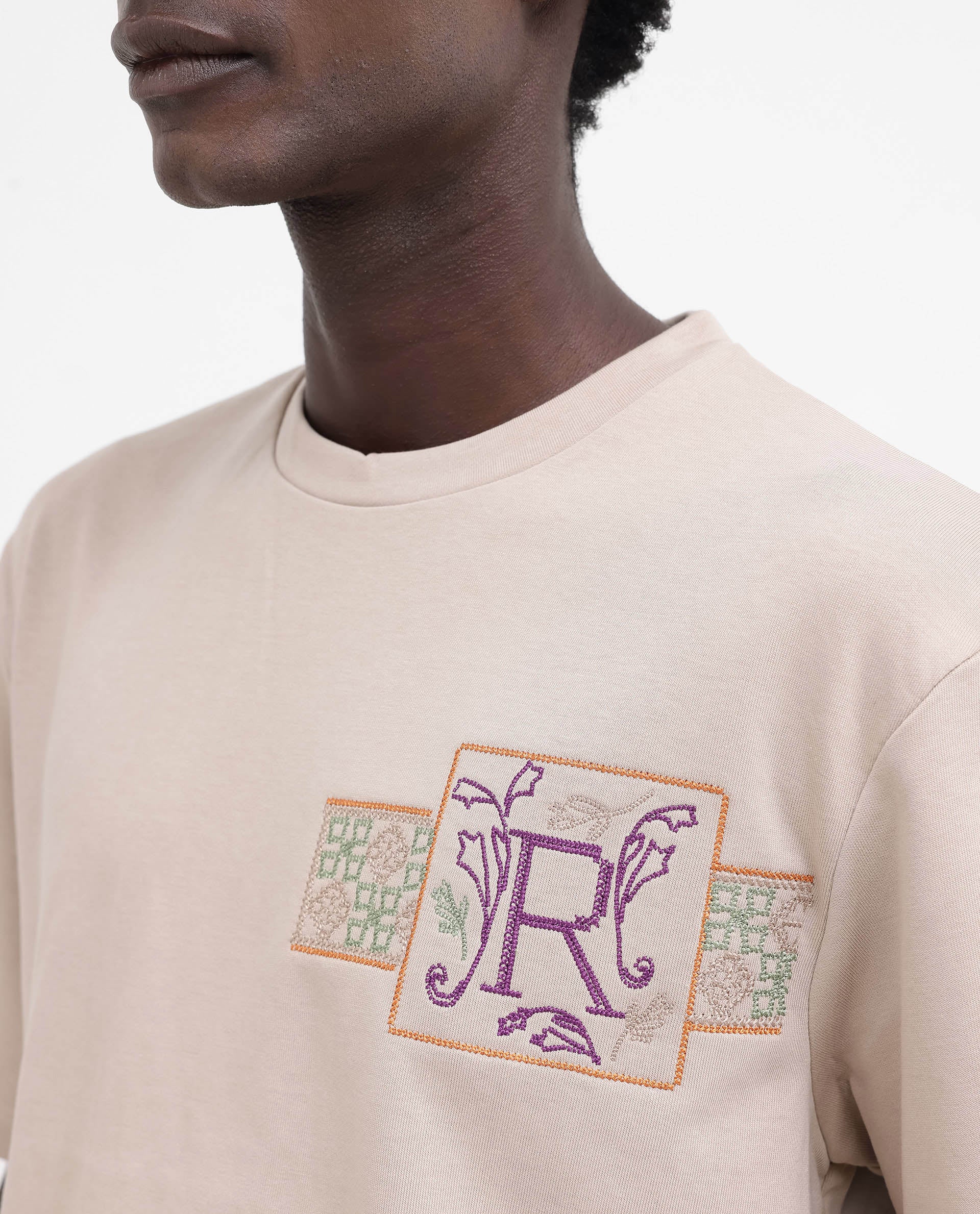 Rare Rabbit Men's Myro Beige Cotton Blend Embroidered Slim Fit Half Sleeve Crew Neck T-Shirt - Image 3