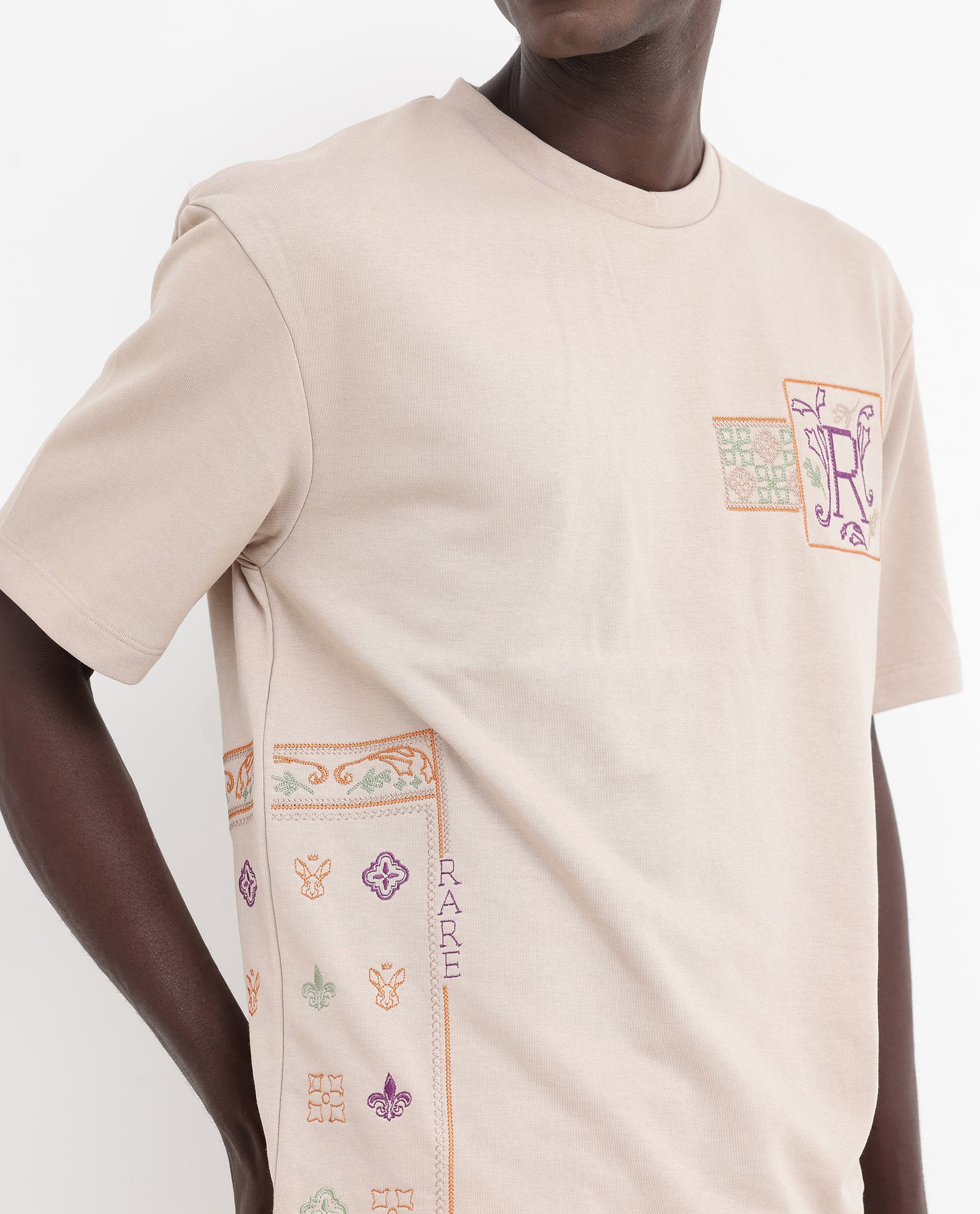 Rare Rabbit Men's Myro Beige Cotton Blend Embroidered Slim Fit Half Sleeve Crew Neck T-Shirt - Image 4