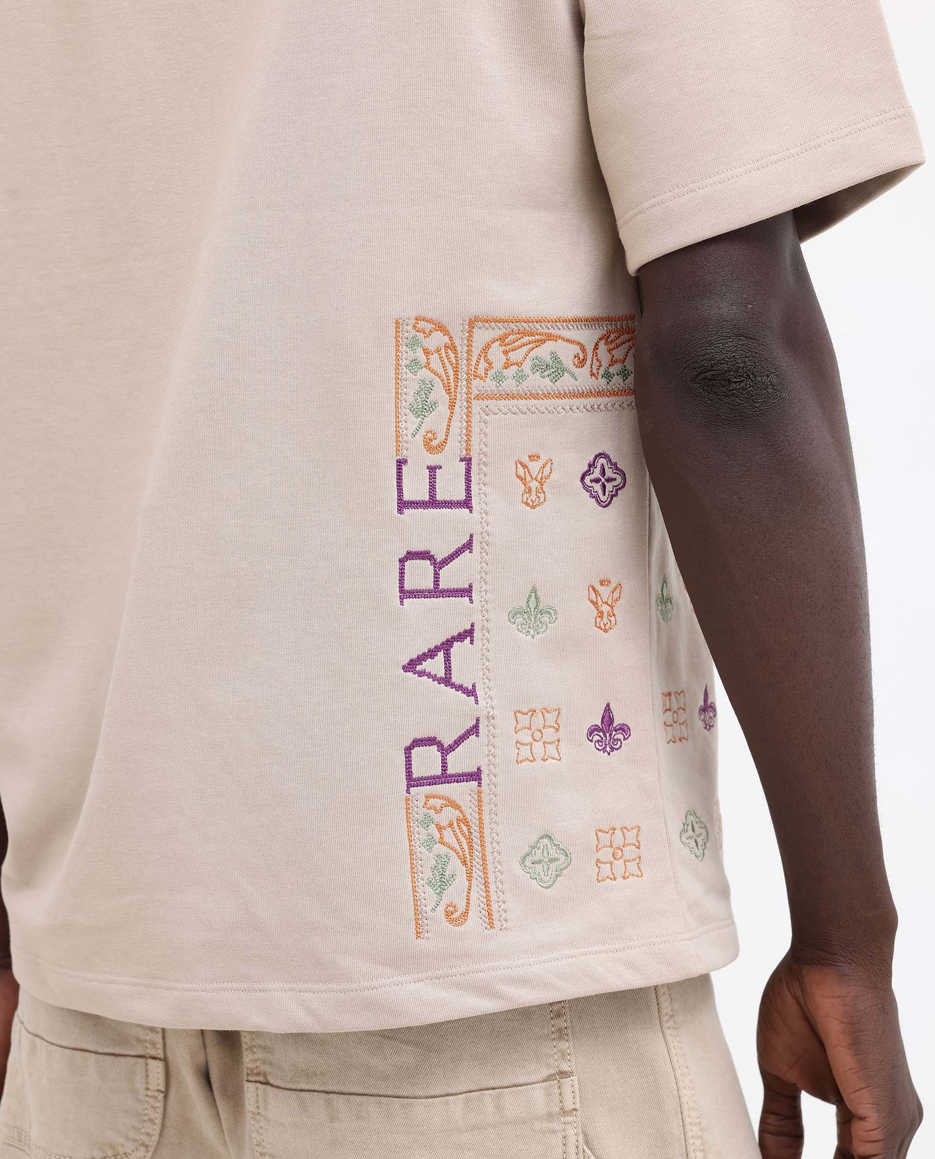 Rare Rabbit Men's Myro Beige Cotton Blend Embroidered Slim Fit Half Sleeve Crew Neck T-Shirt - Image 5