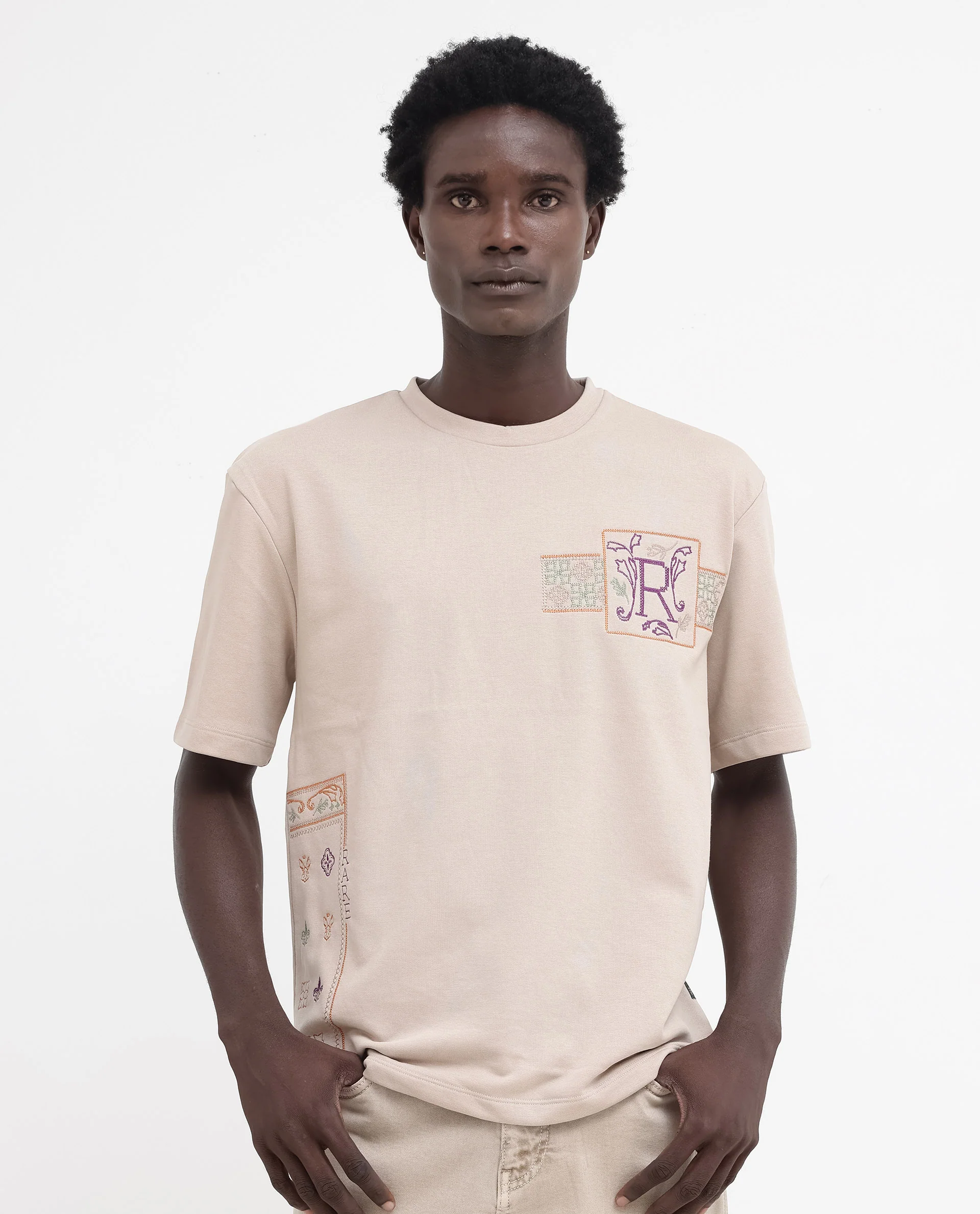 Rare Rabbit Men's Myro Beige Cotton Blend Embroidered Slim Fit Half Sleeve Crew Neck T-Shirt - Image 6