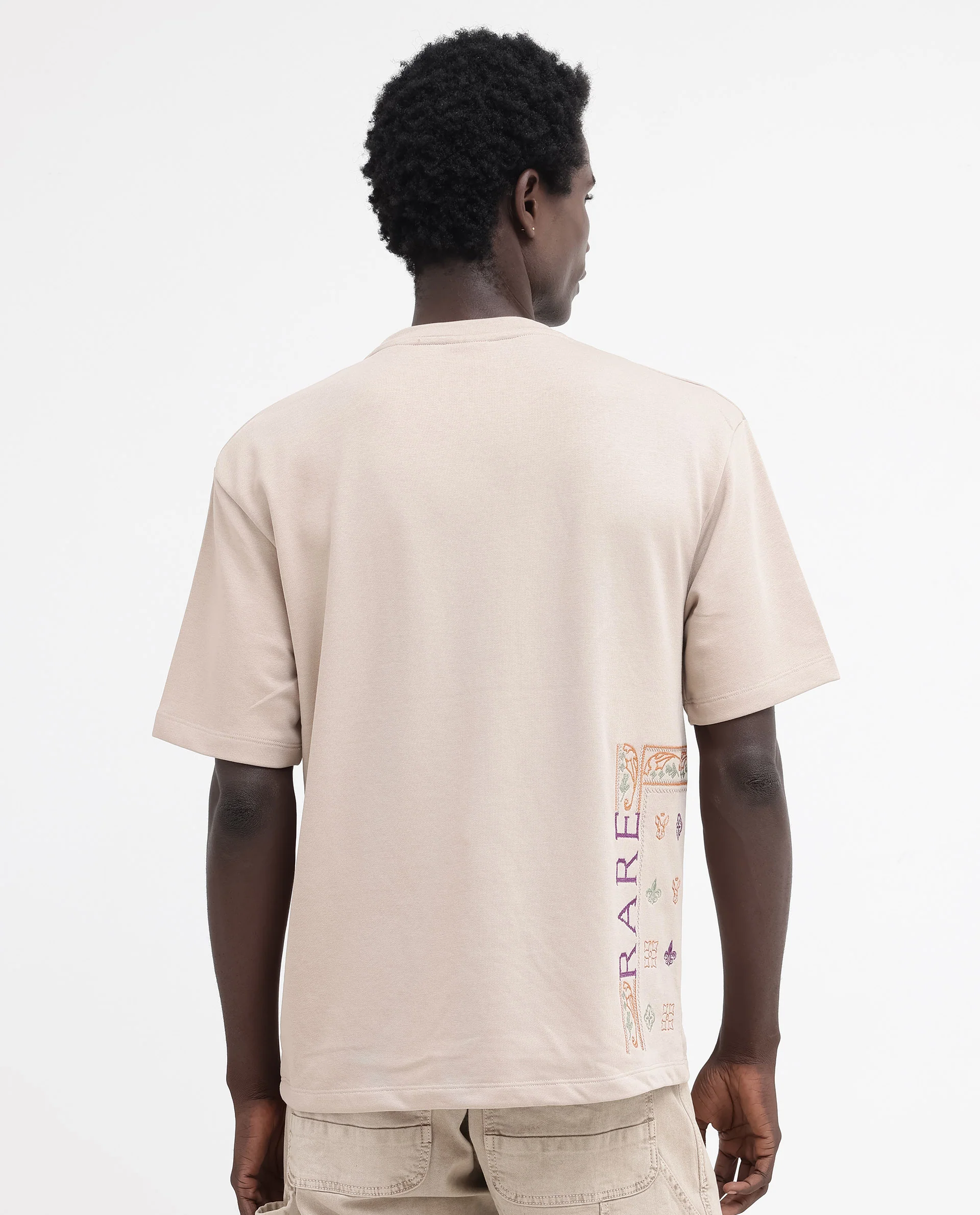 Rare Rabbit Men's Myro Beige Cotton Blend Embroidered Slim Fit Half Sleeve Crew Neck T-Shirt - Image 8