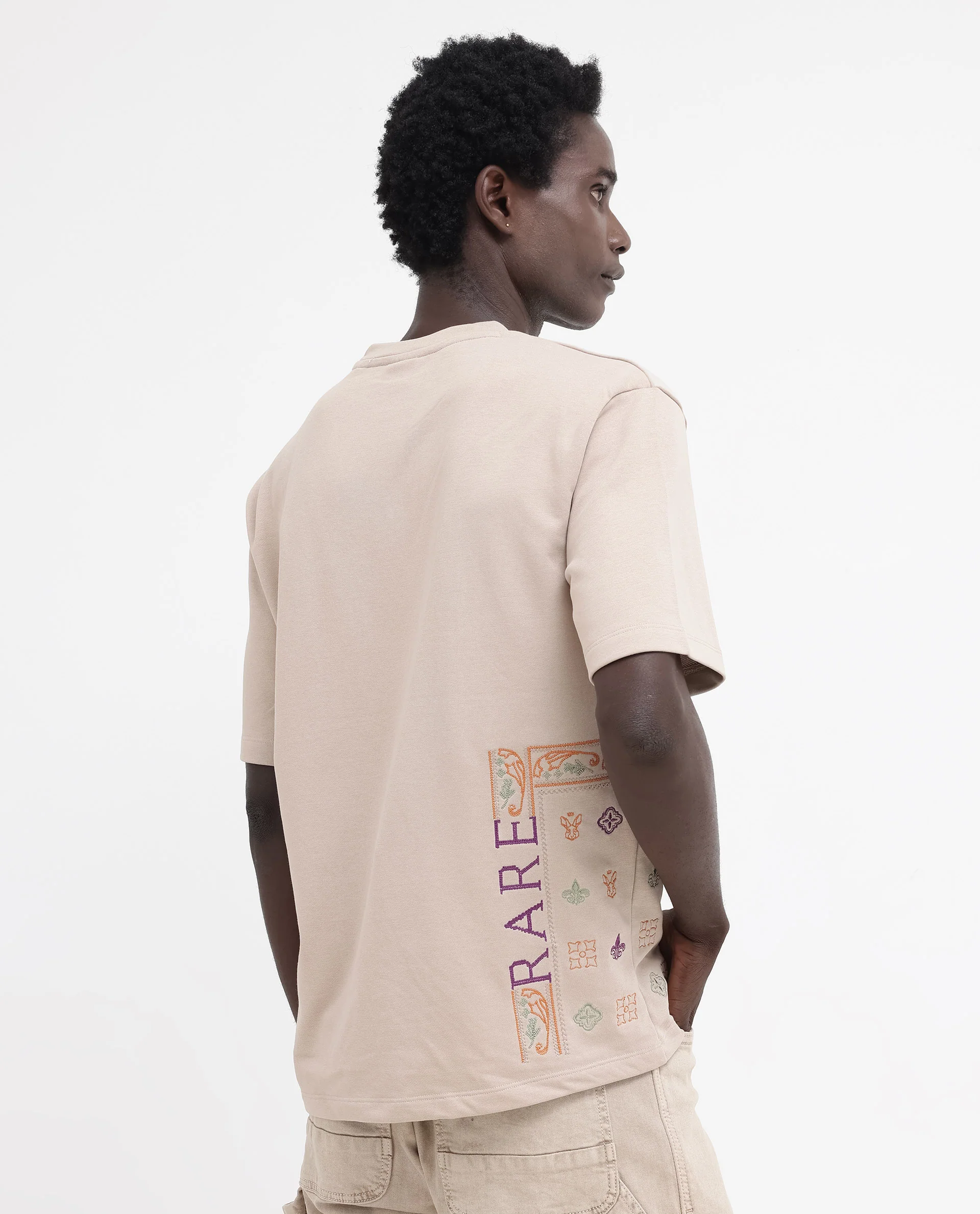 Rare Rabbit Men's Myro Beige Cotton Blend Embroidered Slim Fit Half Sleeve Crew Neck T-Shirt - Image 9
