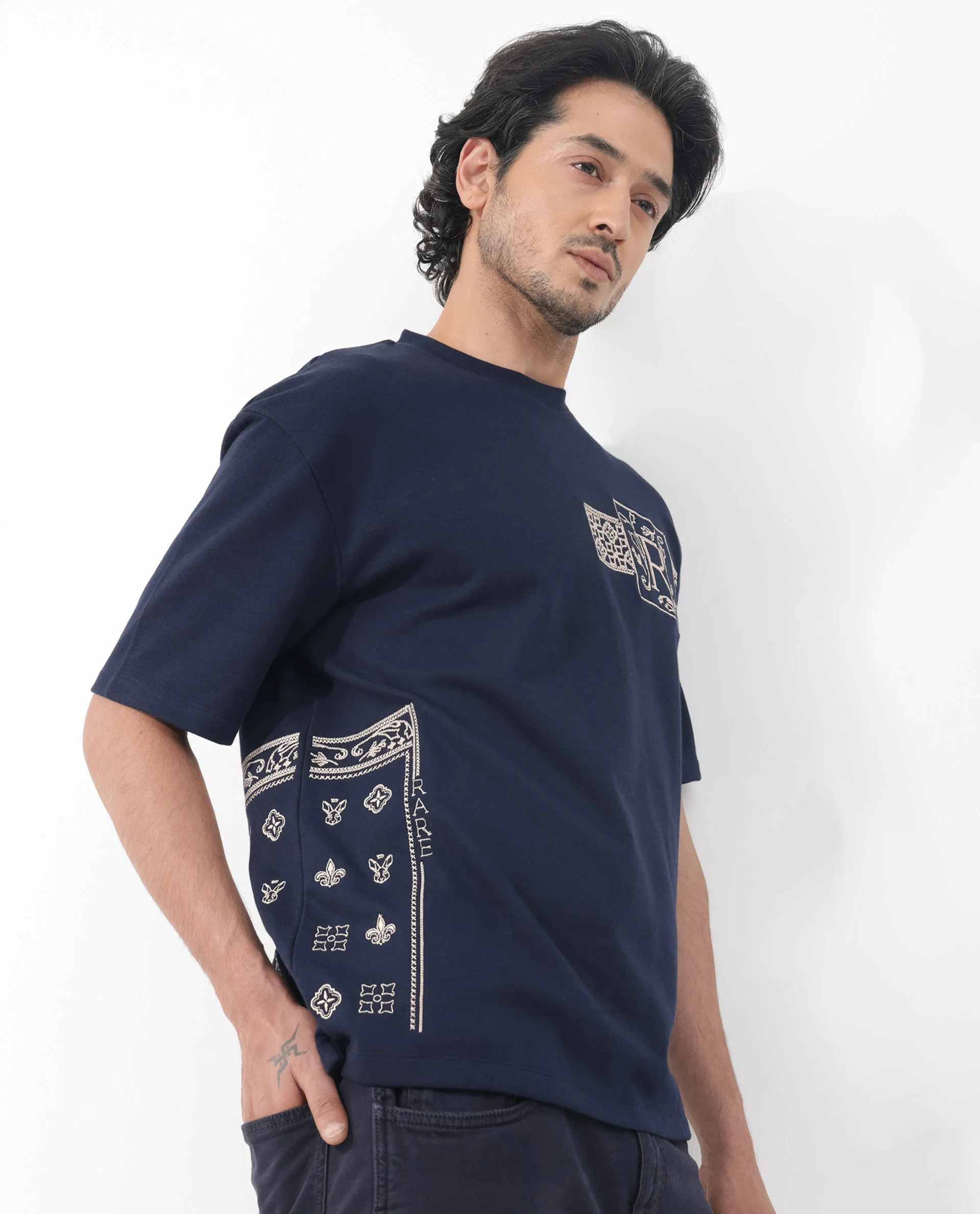 Rare Rabbit Men's Myro Navy Cotton Blend Embroidered Slim Fit Half Sleeve Crew Neck T-Shirt - Image 10