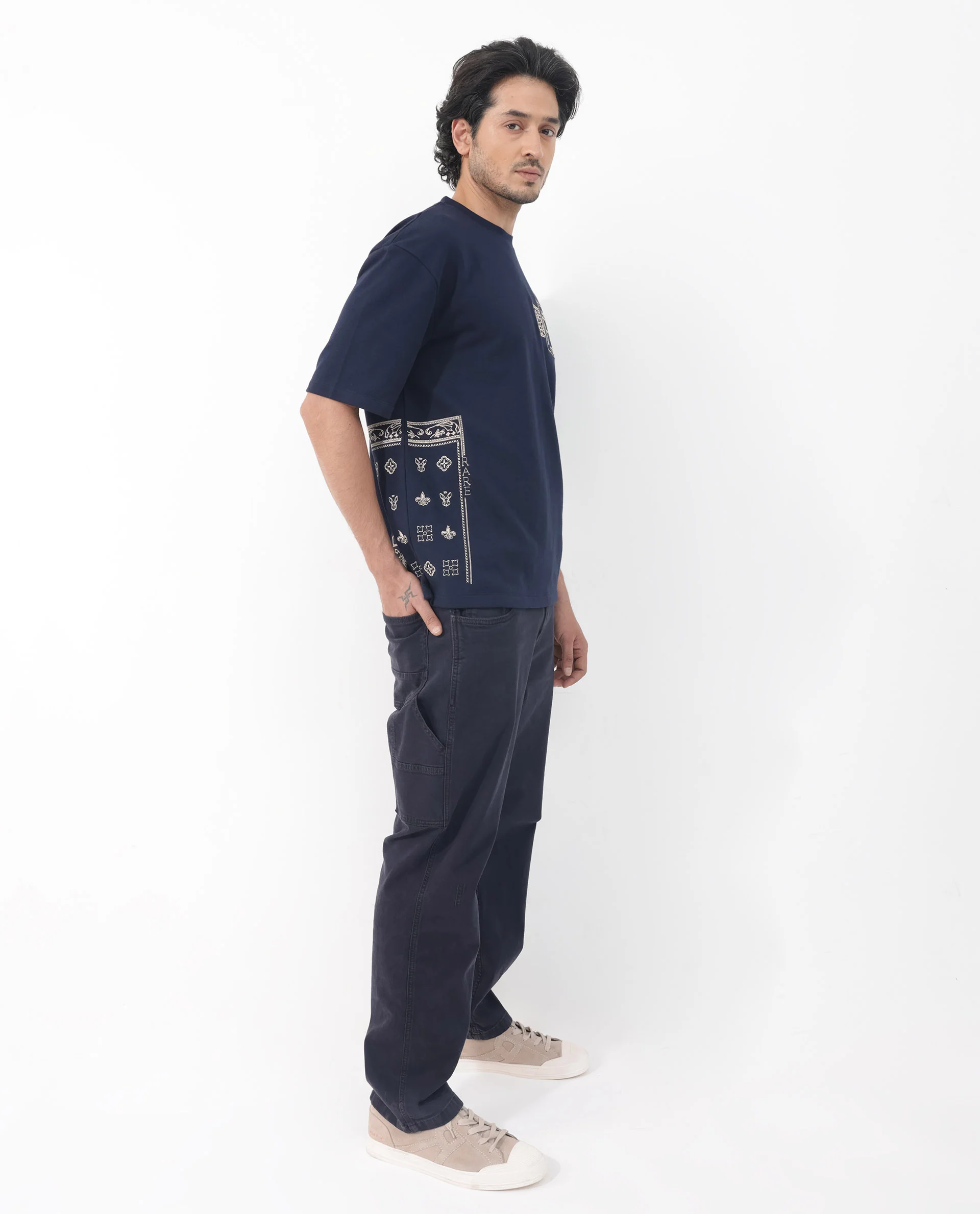 Rare Rabbit Men's Myro Navy Cotton Blend Embroidered Slim Fit Half Sleeve Crew Neck T-Shirt - Image 2