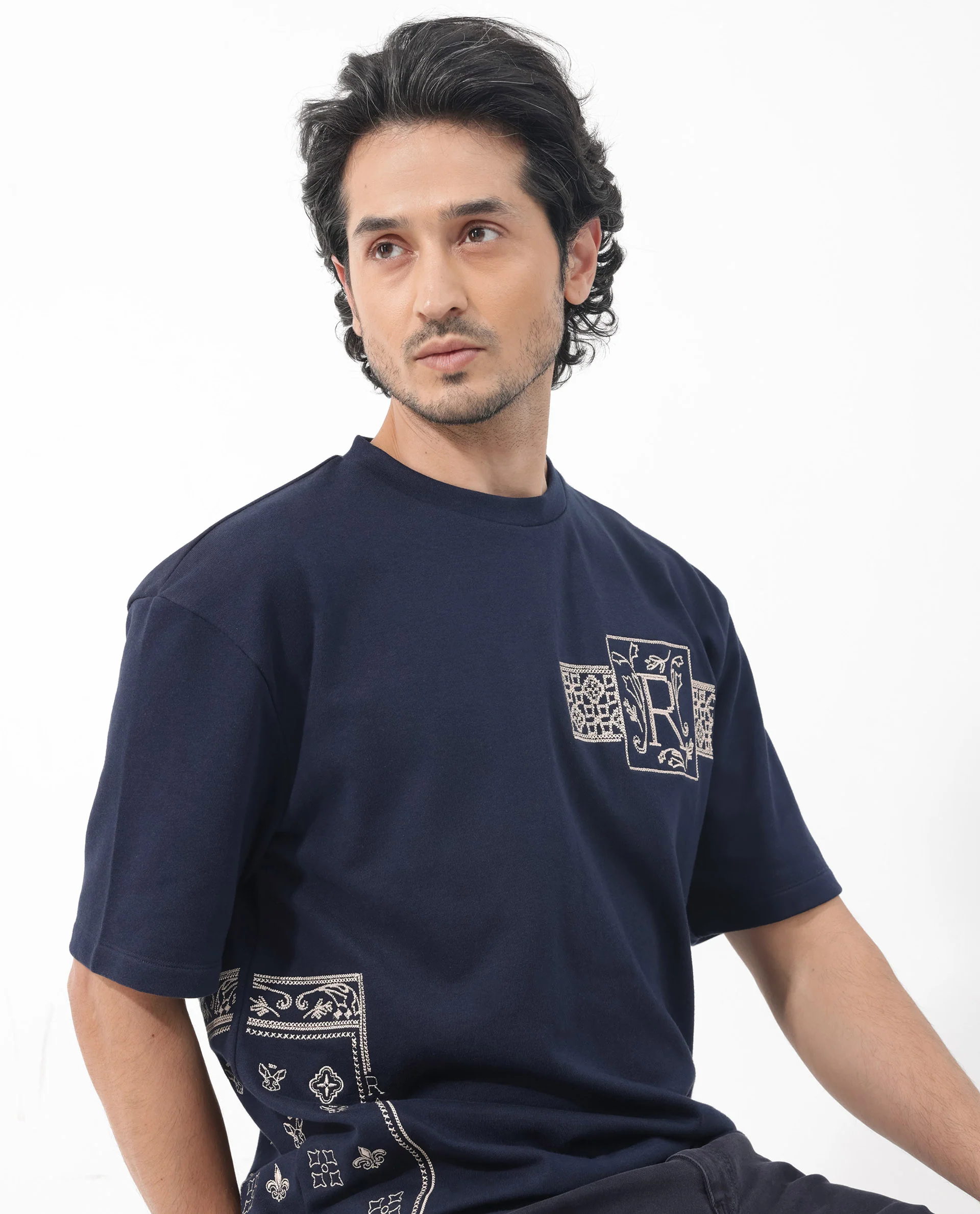 Rare Rabbit Men's Myro Navy Cotton Blend Embroidered Slim Fit Half Sleeve Crew Neck T-Shirt - Image 3
