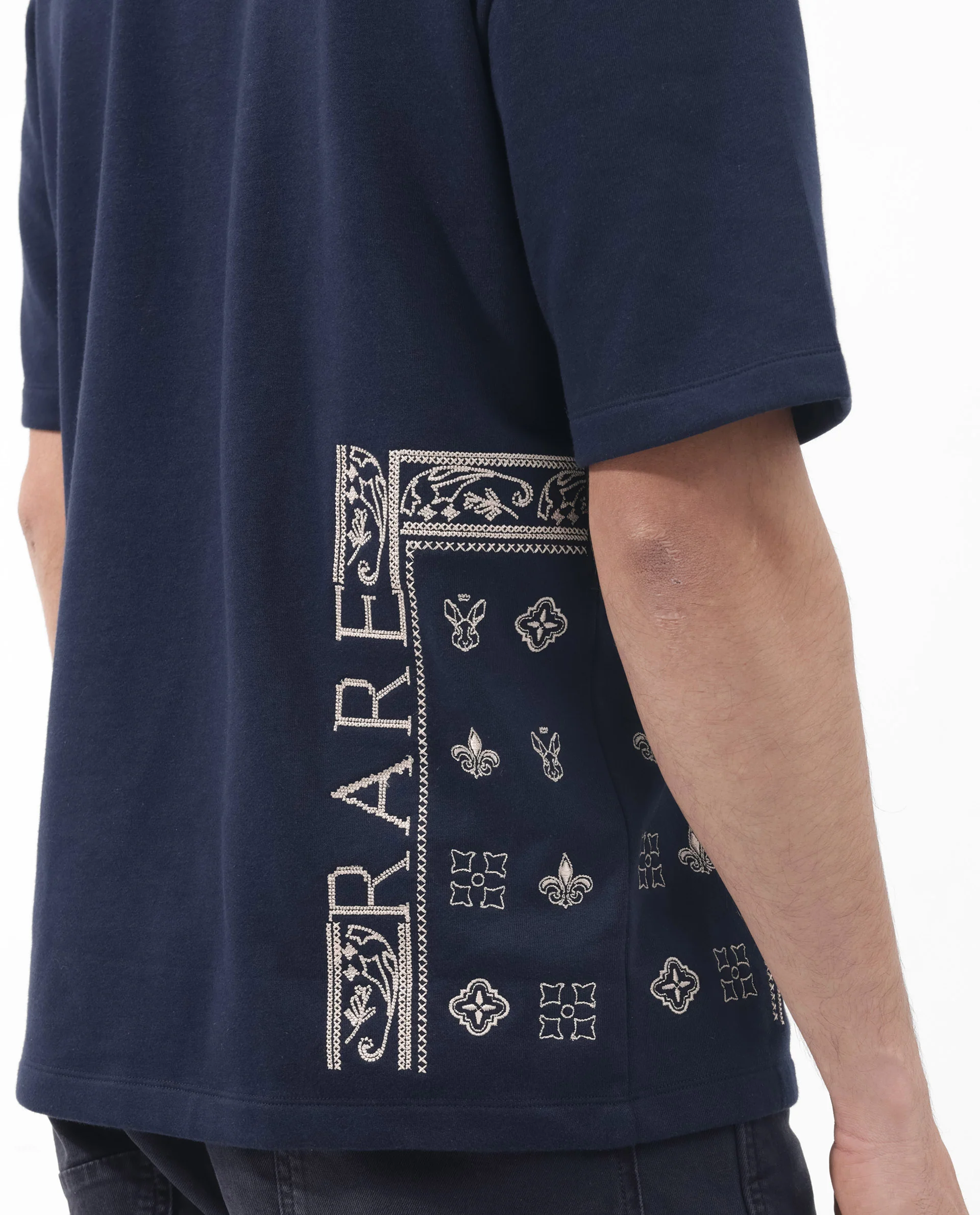 Rare Rabbit Men's Myro Navy Cotton Blend Embroidered Slim Fit Half Sleeve Crew Neck T-Shirt - Image 4