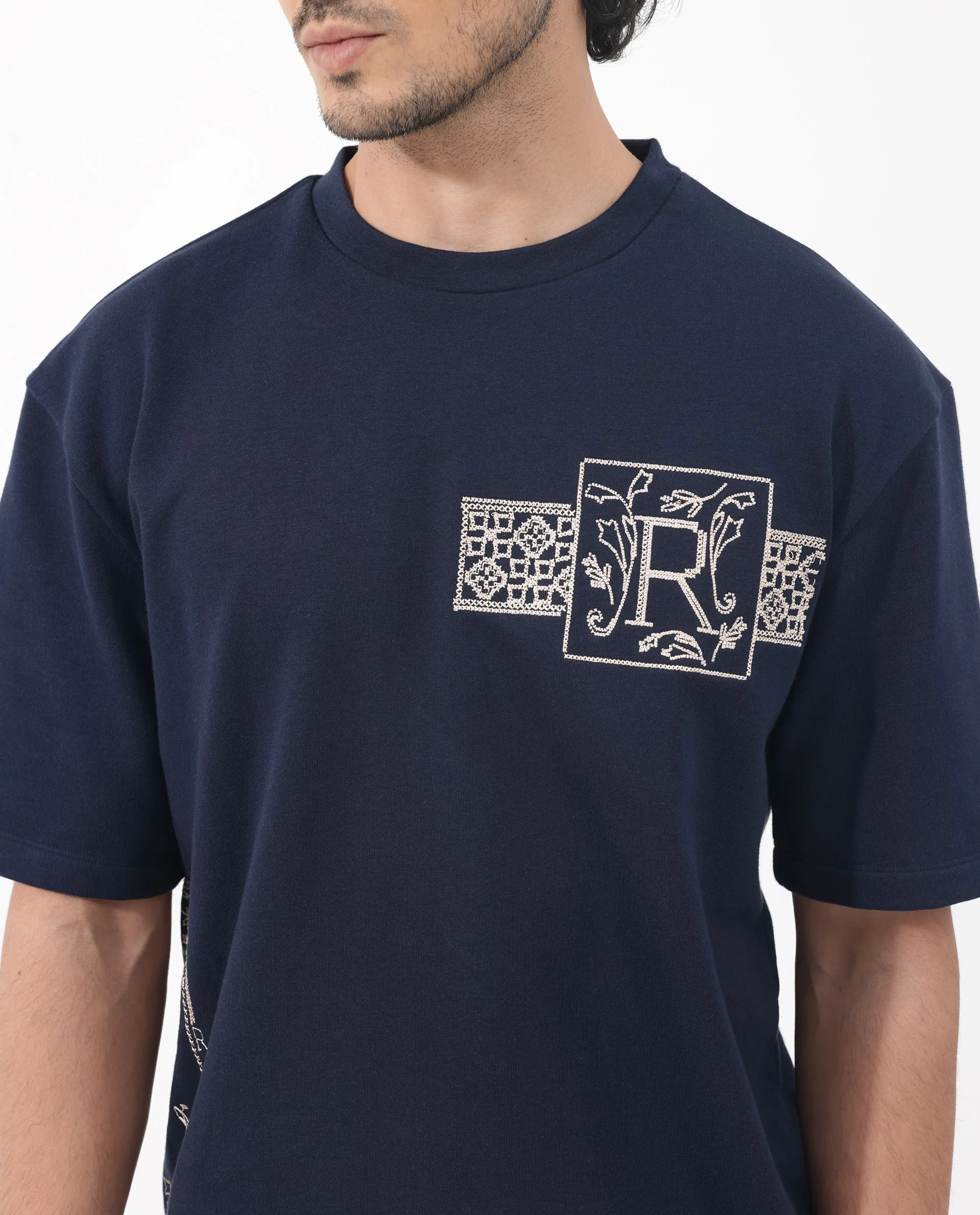 Rare Rabbit Men's Myro Navy Cotton Blend Embroidered Slim Fit Half Sleeve Crew Neck T-Shirt - Image 5
