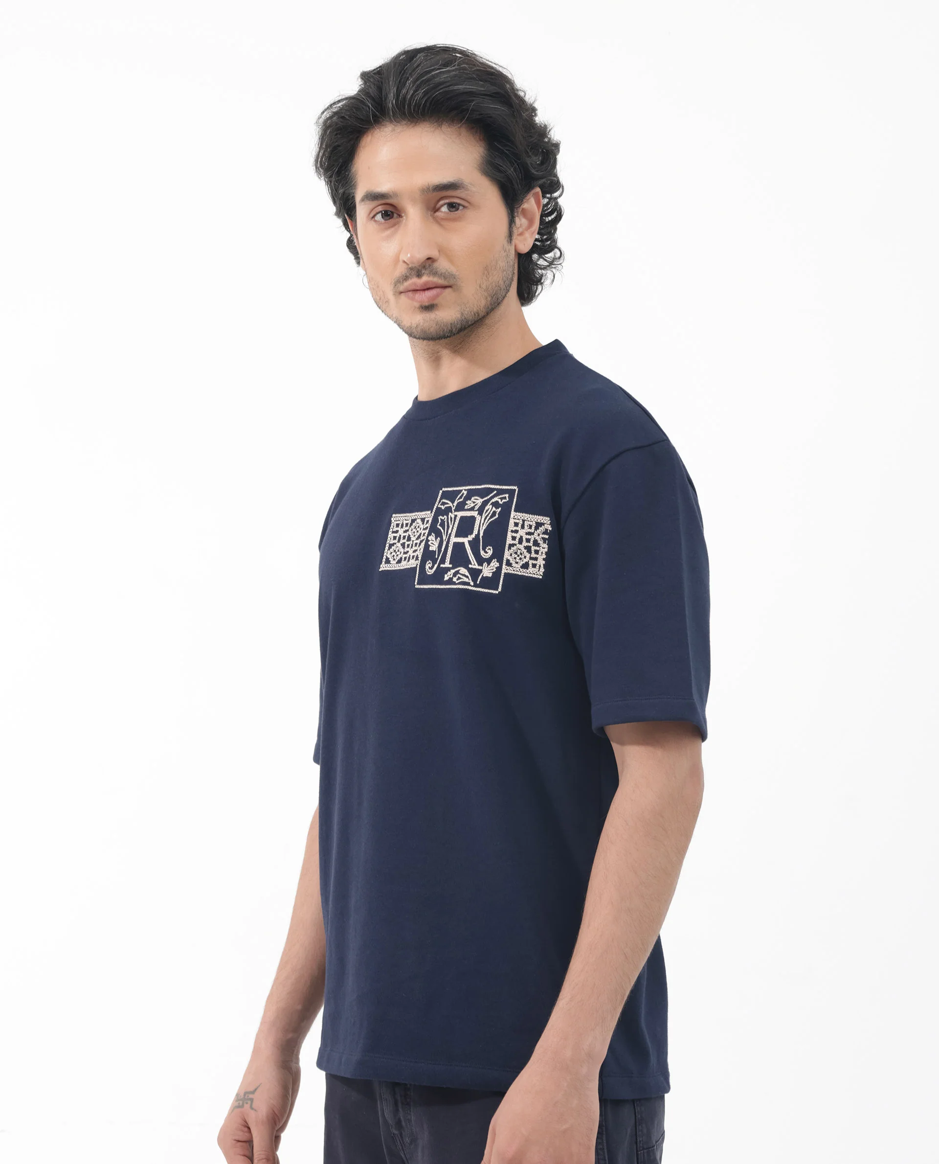 Rare Rabbit Men's Myro Navy Cotton Blend Embroidered Slim Fit Half Sleeve Crew Neck T-Shirt - Image 6