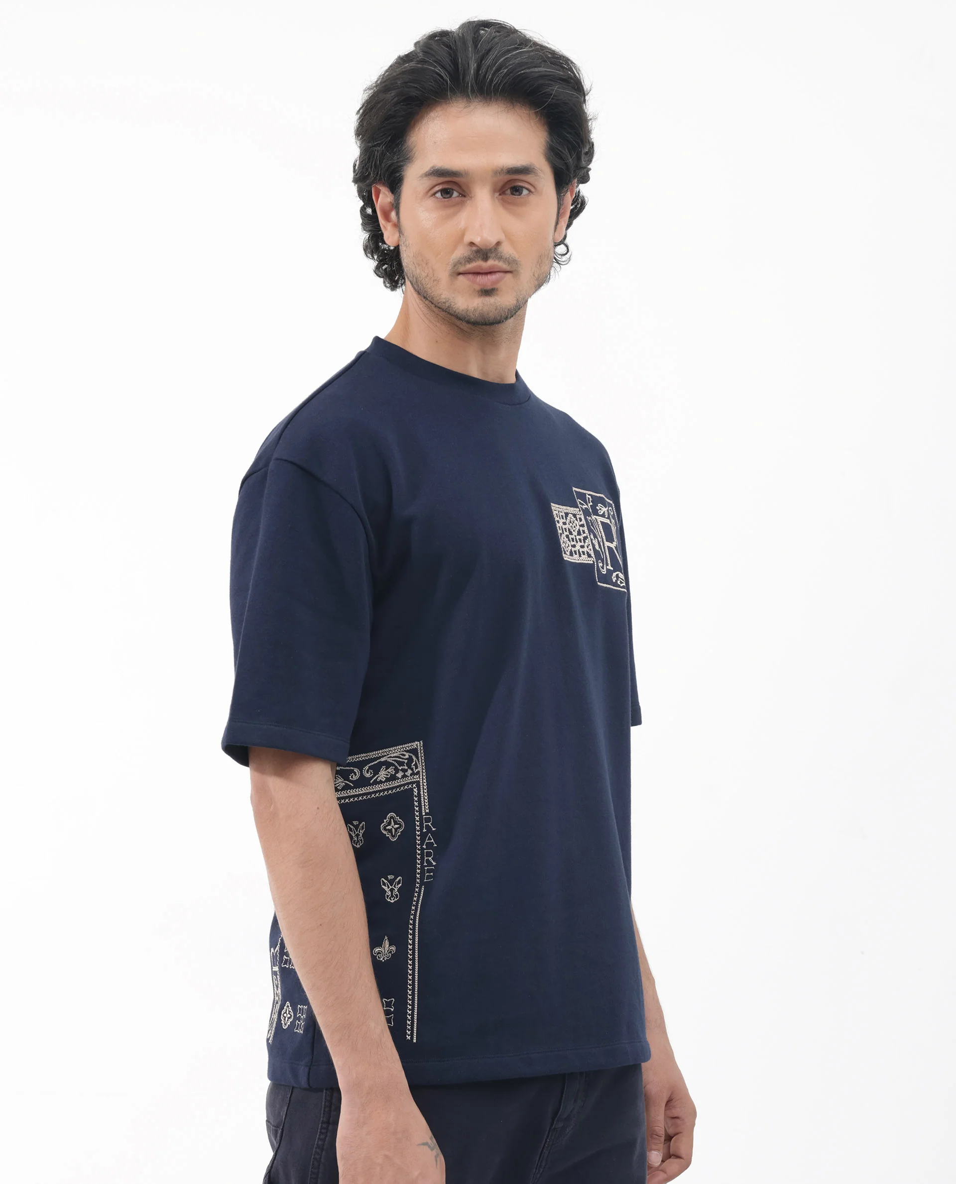 Rare Rabbit Men's Myro Navy Cotton Blend Embroidered Slim Fit Half Sleeve Crew Neck T-Shirt - Image 7