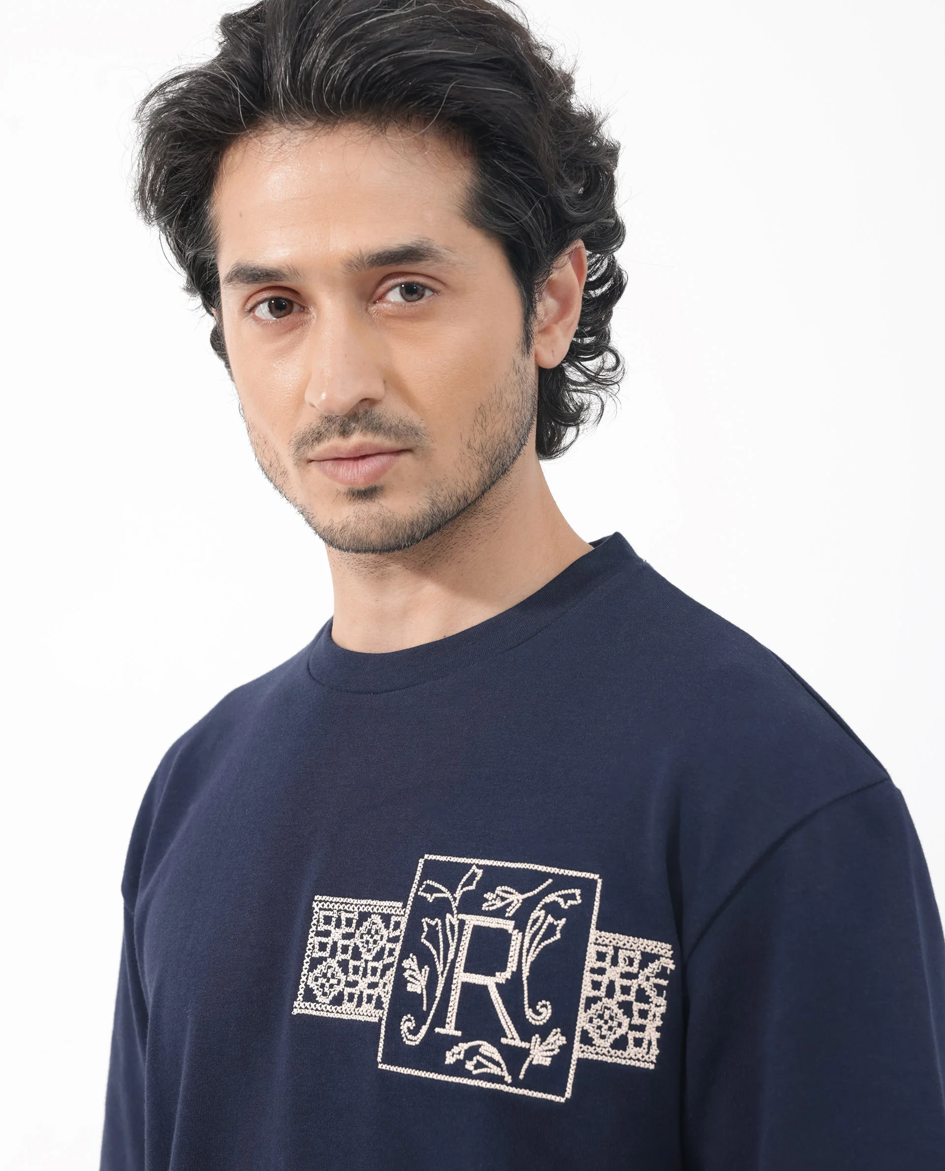 Rare Rabbit Men's Myro Navy Cotton Blend Embroidered Slim Fit Half Sleeve Crew Neck T-Shirt - Image 8