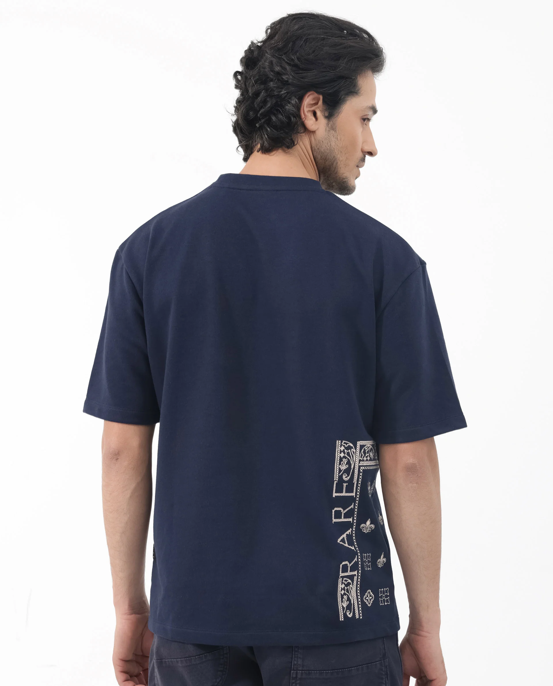 Rare Rabbit Men's Myro Navy Cotton Blend Embroidered Slim Fit Half Sleeve Crew Neck T-Shirt - Image 9