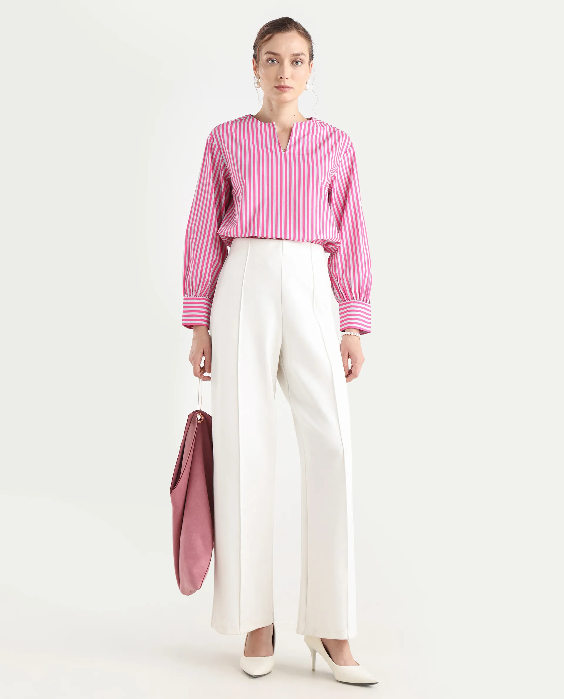 Rareism Women's Myrto Pink Cotton Crew Neck Striped Cuffed Sleeve Regular Fit Top - Image 2