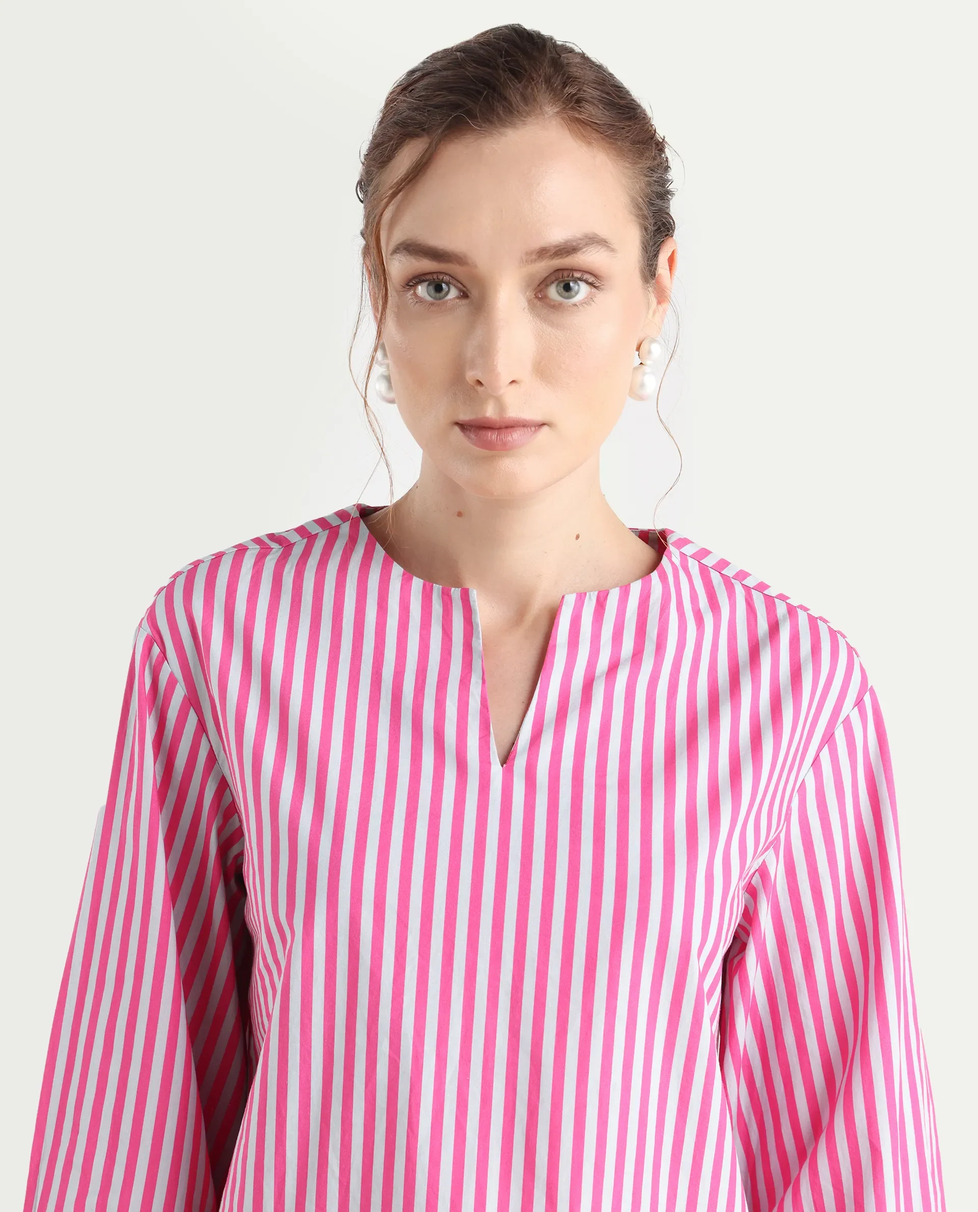 Rareism Women's Myrto Pink Cotton Crew Neck Striped Cuffed Sleeve Regular Fit Top - Image 3