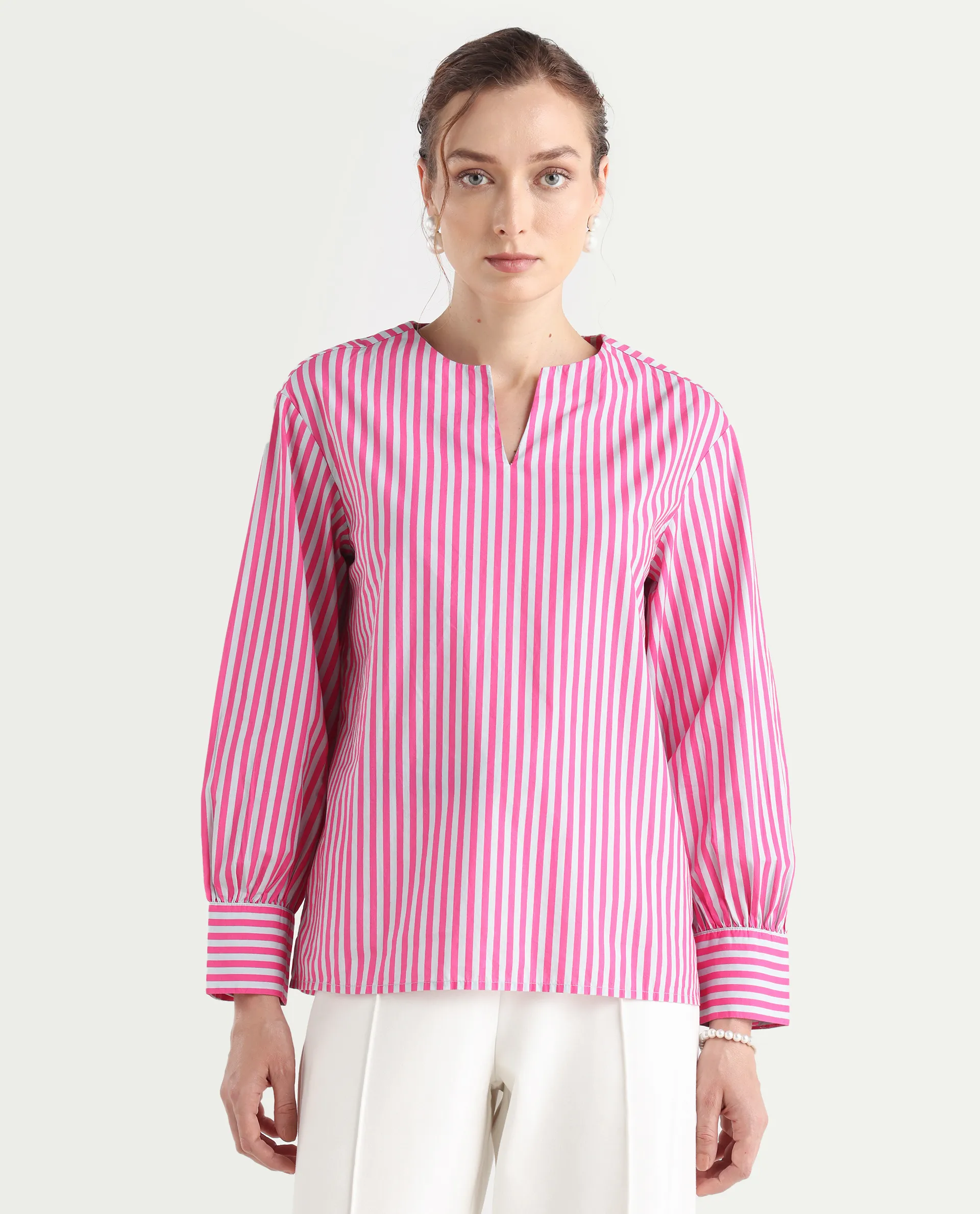 Rareism Women's Myrto Pink Cotton Crew Neck Striped Cuffed Sleeve Regular Fit Top - Image 4
