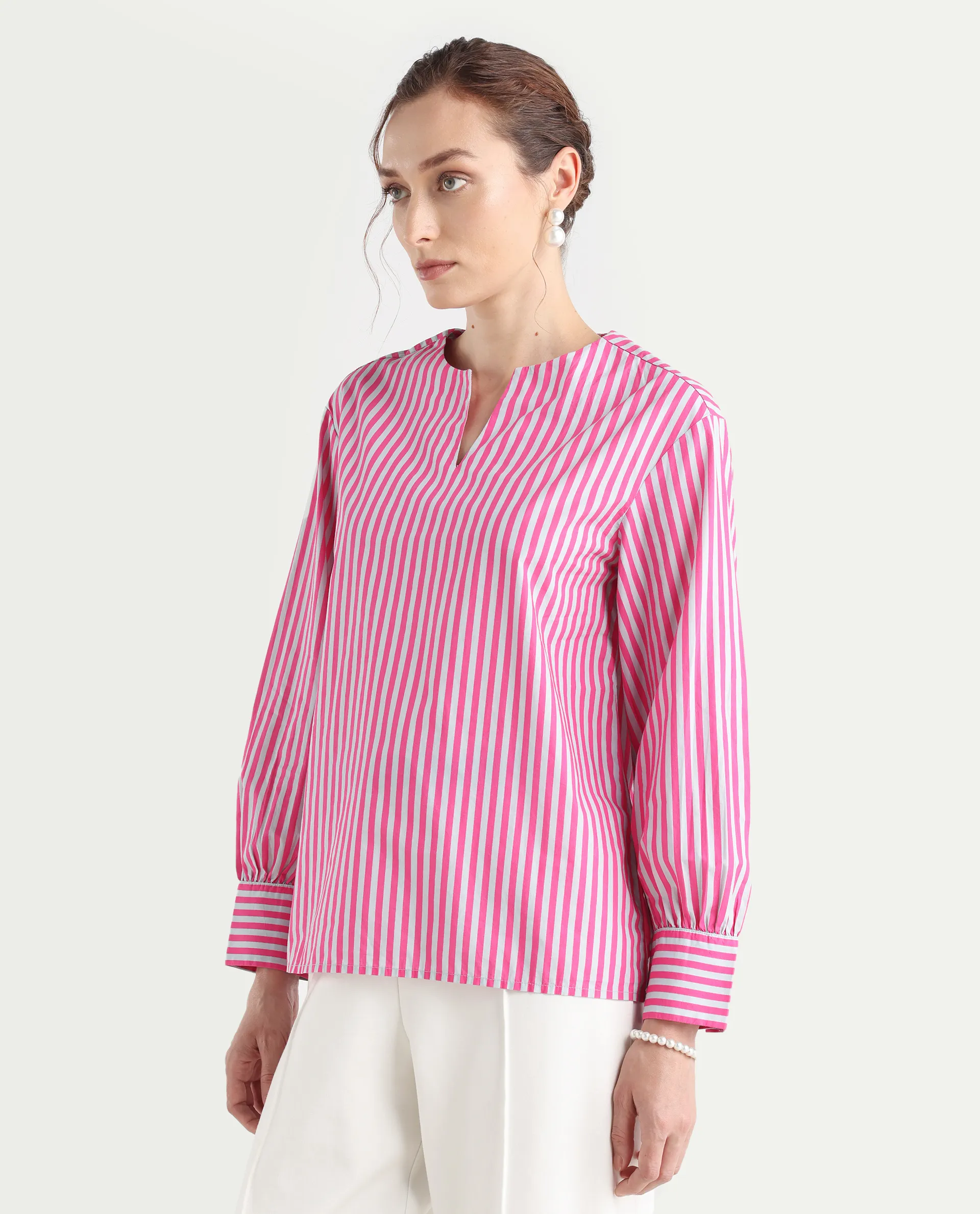 Rareism Women's Myrto Pink Cotton Crew Neck Striped Cuffed Sleeve Regular Fit Top - Image 5