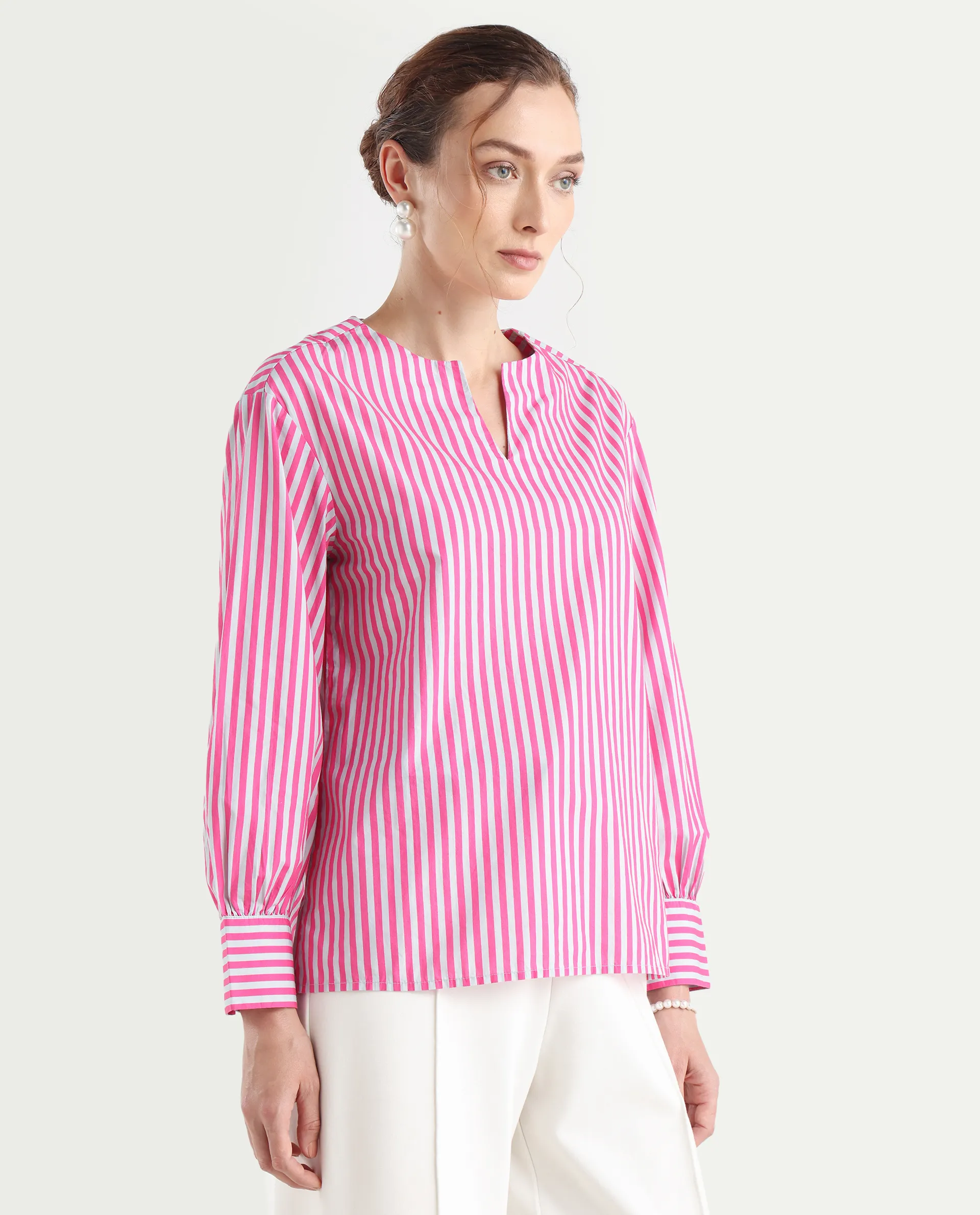 Rareism Women's Myrto Pink Cotton Crew Neck Striped Cuffed Sleeve Regular Fit Top - Image 6