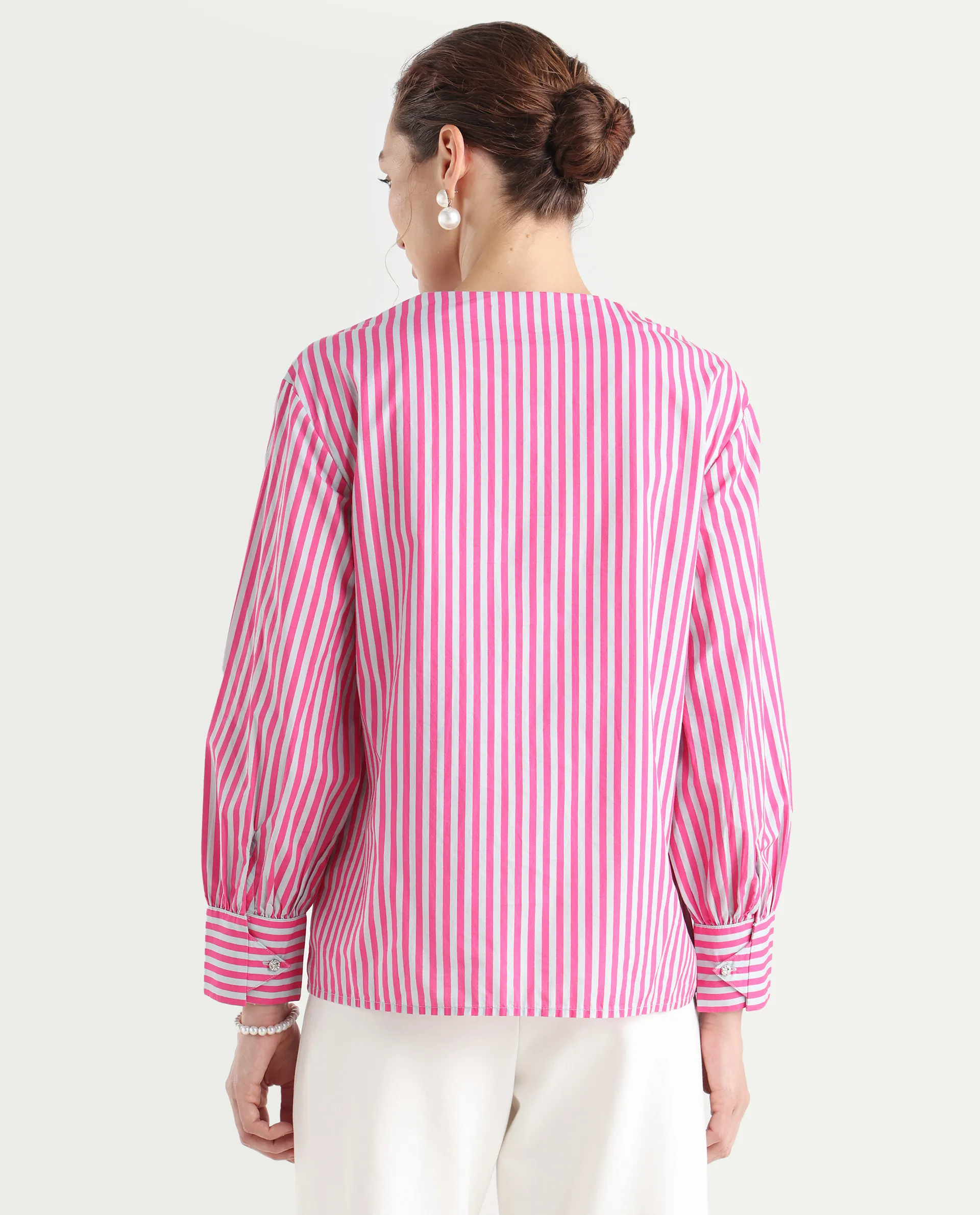 Rareism Women's Myrto Pink Cotton Crew Neck Striped Cuffed Sleeve Regular Fit Top - Image 7