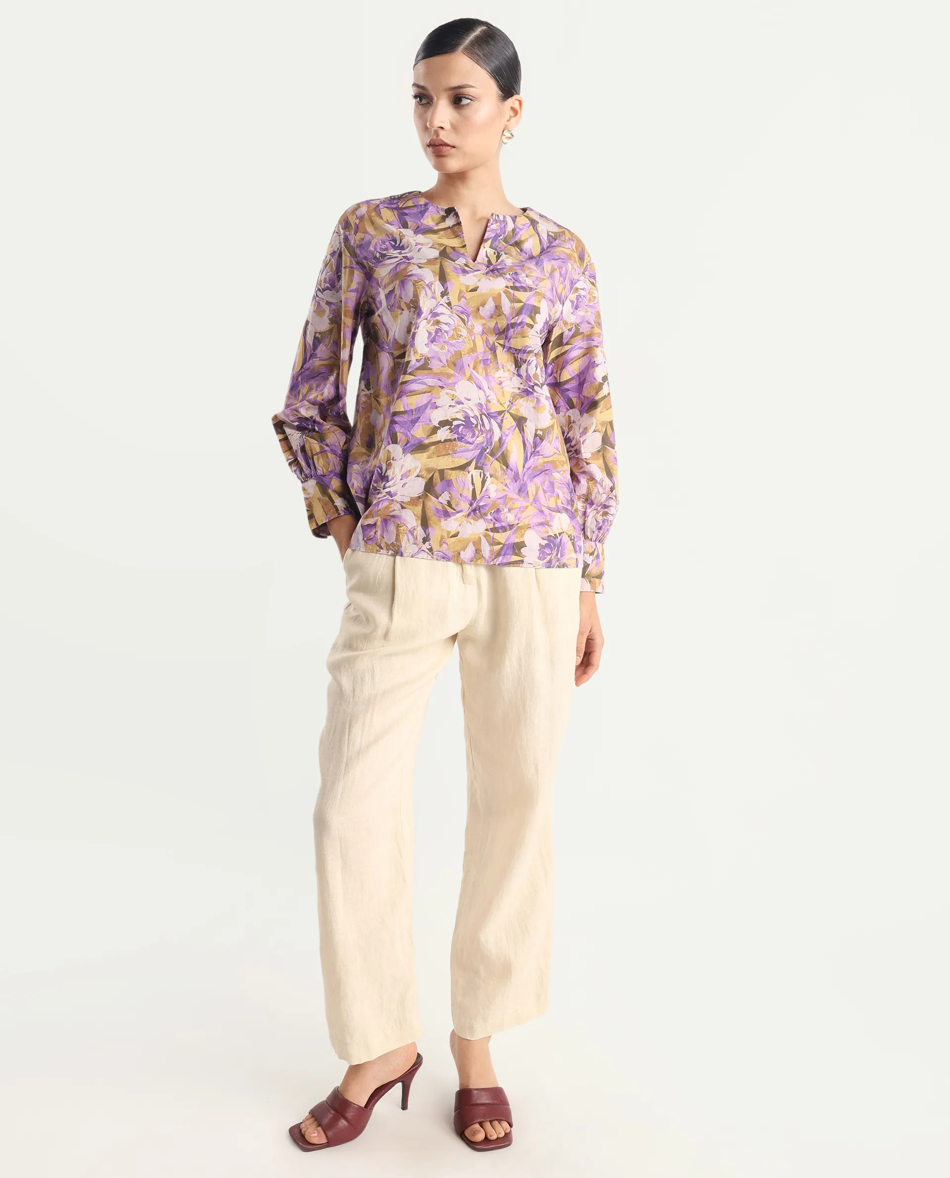 Rareism Women's Myrtong Multi Cotton Crew Neck Floral Print Cuffed Sleeve Regular Fit Top - Image 2