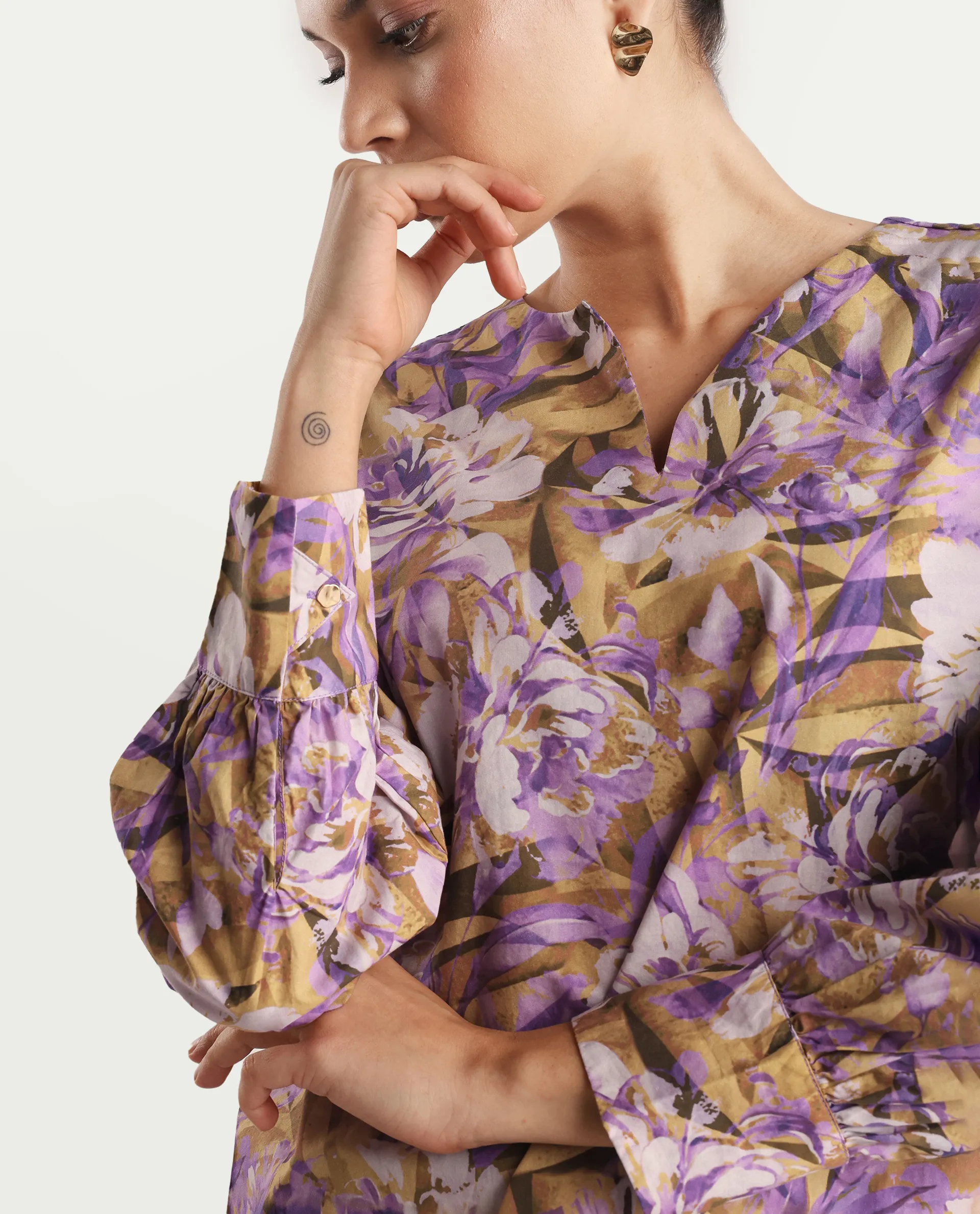 Rareism Women's Myrtong Multi Cotton Crew Neck Floral Print Cuffed Sleeve Regular Fit Top - Image 3