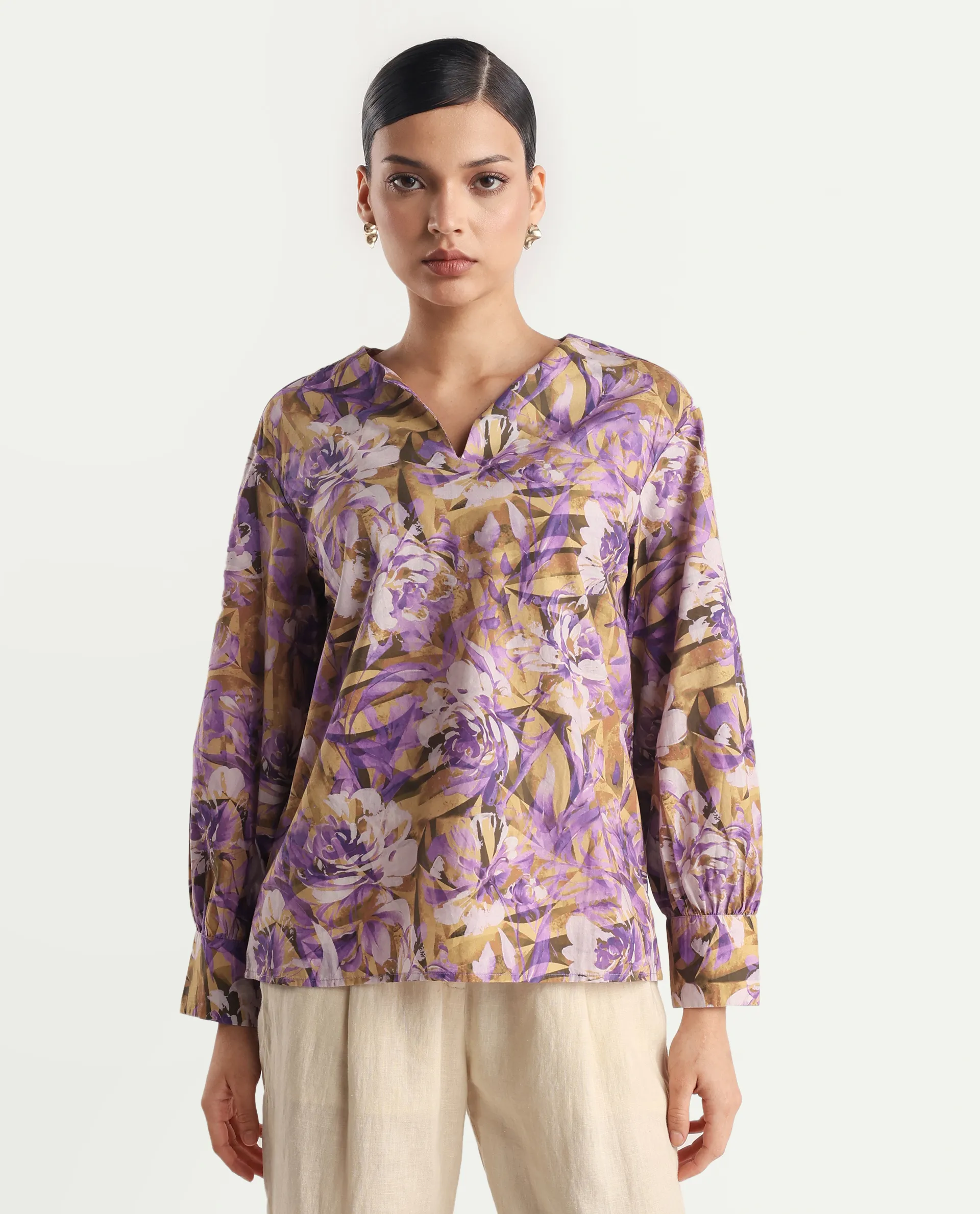 Rareism Women's Myrtong Multi Cotton Crew Neck Floral Print Cuffed Sleeve Regular Fit Top - Image 4