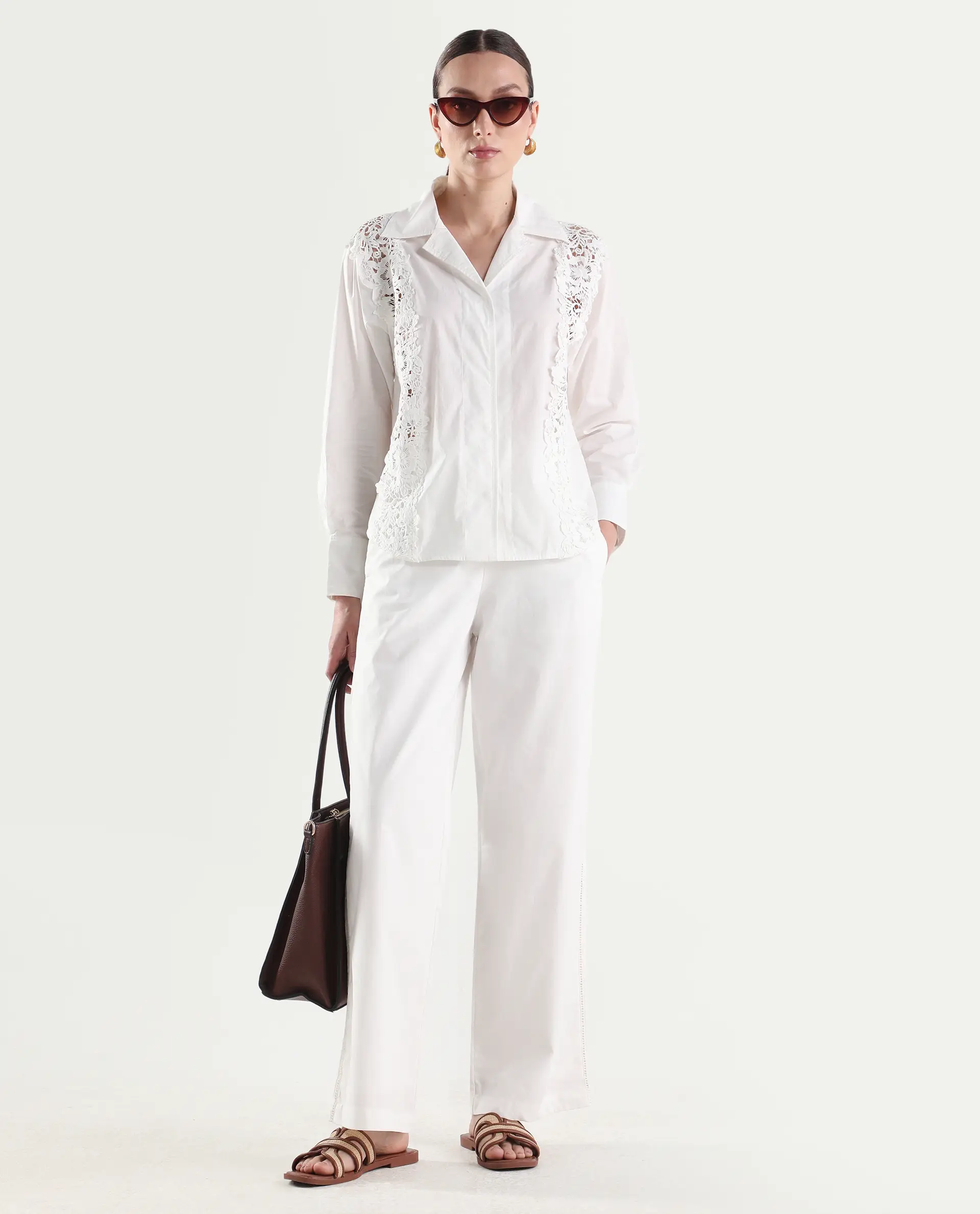 Rareism Women's Mysa-B Off White Cotton Straight Plain Trouser
